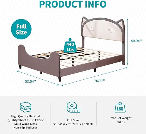 Miniatura 2 de BALUS Base de cama matrimonial para niños, cama infantil con cabecera en forma de gato, moderna de perfil bajo, plataforma de cama tapizada, tela de