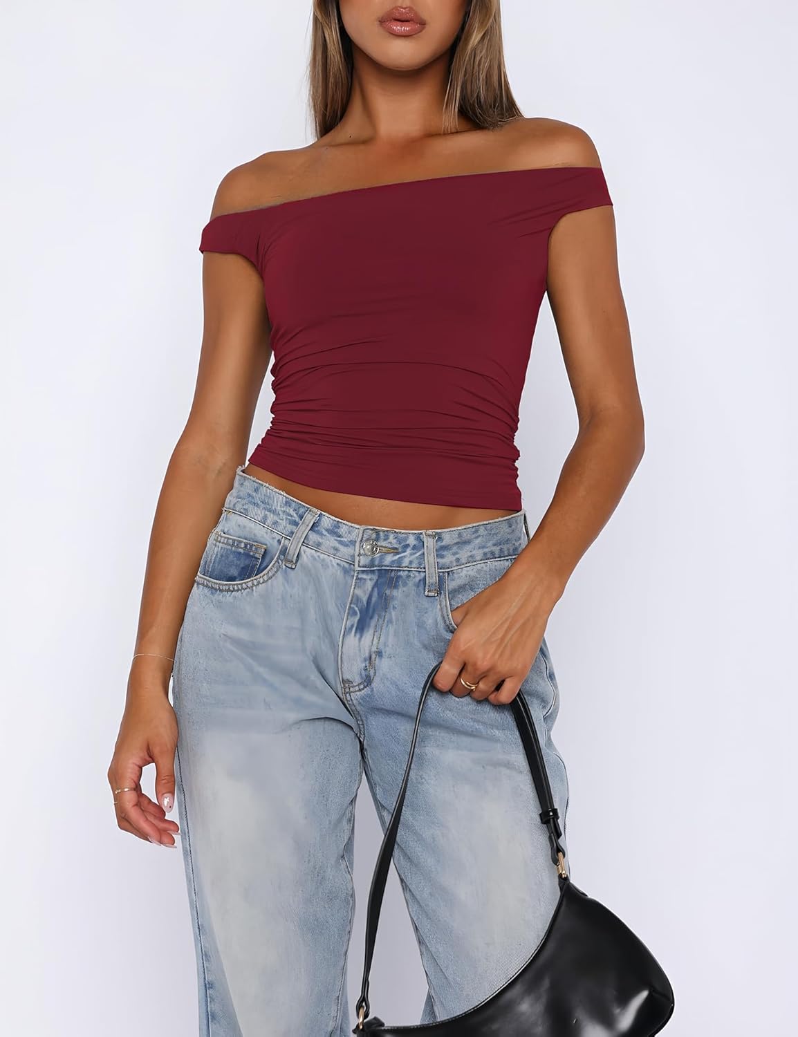 ForeFair Womens Off The Shoulder Tops Going Out Crop Top Slim Fitted Shirts Double Lined Summer Outfits Y2K Cute Tops - Image 4
