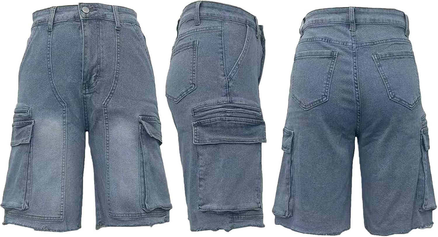 Denim Cargo Shorts High Waisted Baggy Jean Shorts with Pockets Wide Leg Streetwear for Women - Image 5