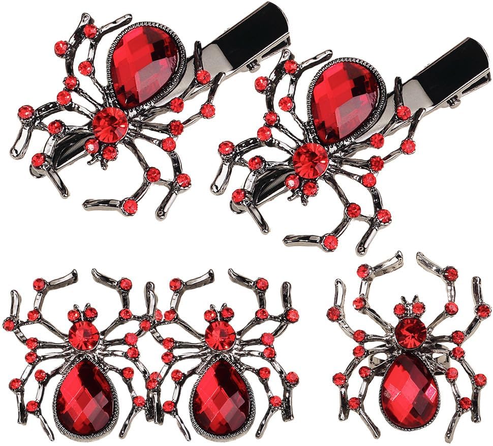 FAVOMOTO Rhinestone Spider Ring Set Halloween Spider Jewelry Set for Women Party Accessories with Earrings And Hair Clips