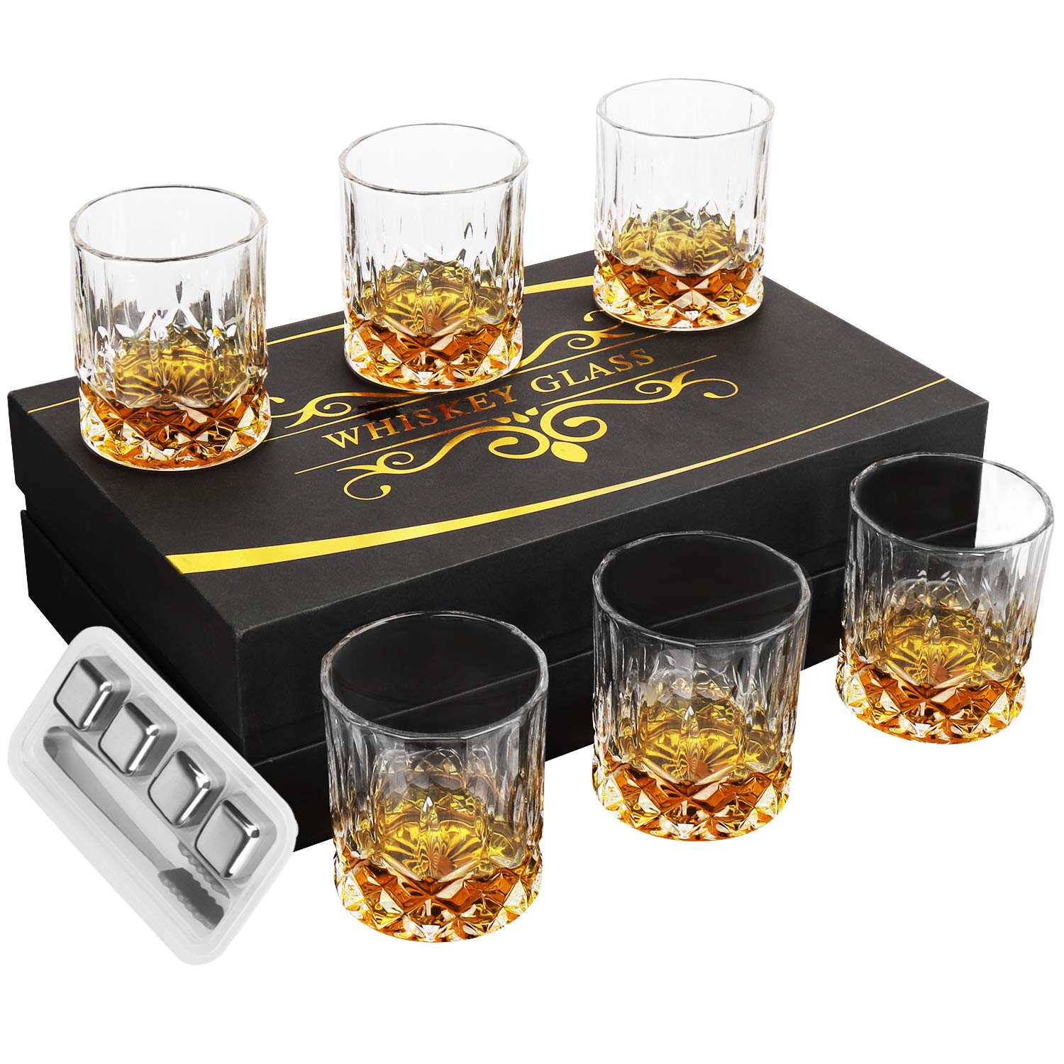 Whiskey Gl - YUOIOYU Whiskey Glass Set of 6 in Luxury Gift Box, 11 Oz Crystal Rocks Gl with Stainless Steel Ice Cubes, Liquor Gl Set for Scotch, Bourbon and Old Fashioned Cocktails