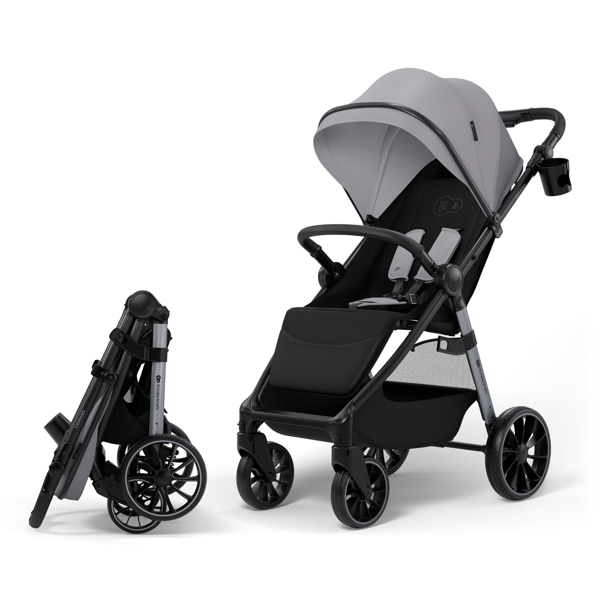 Kinderkraft GRANDE 2 – Cochecito | Ruedas grandes, CLICK&FOLD, Gris