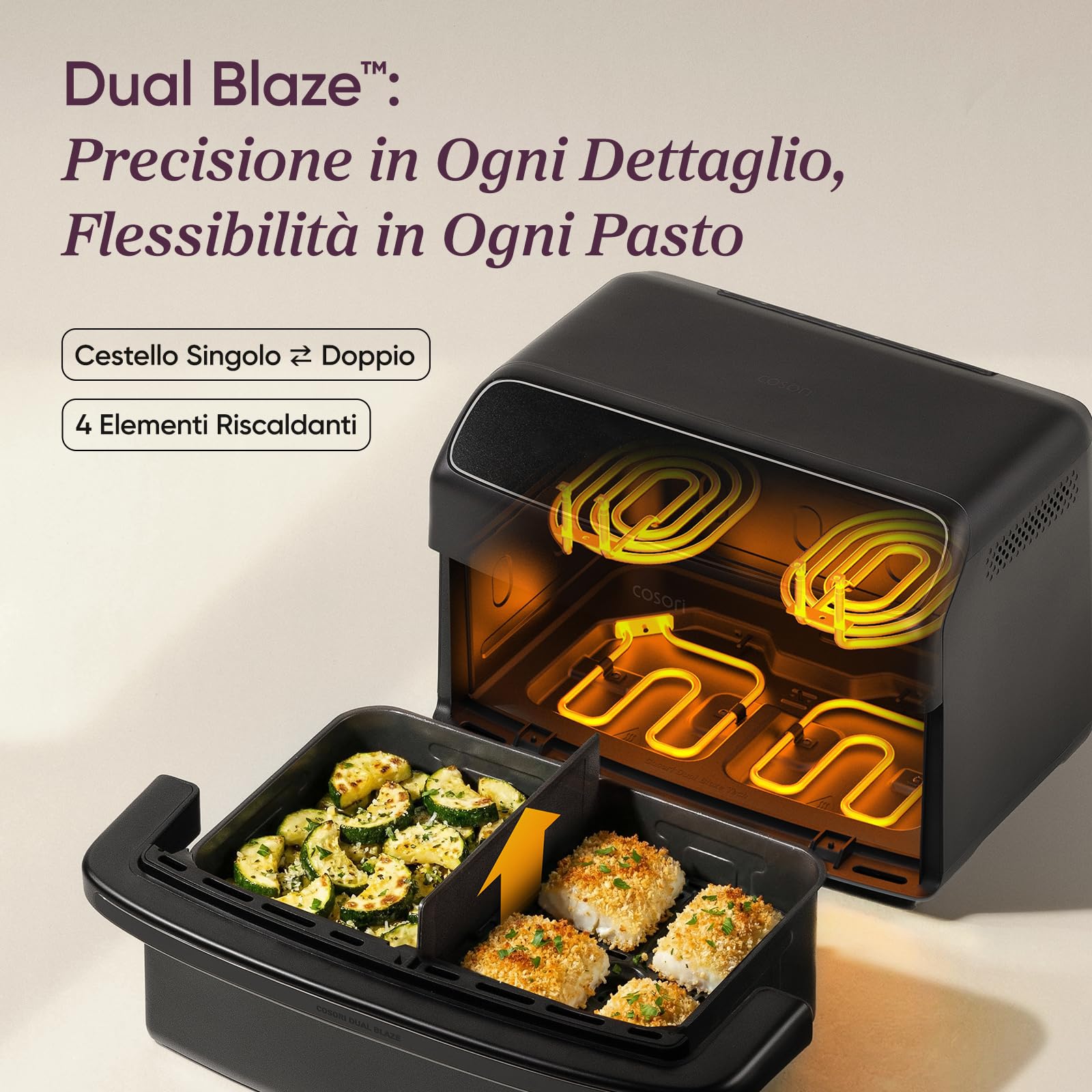 Cosori Friggitrice ad Aria Twinfry Compact 8,6 Litri, Doppio Cestello 4,3L+4,3L e Separatore Rimovibile, Doppia Resistenza Air Fryer, Rivestimento Ceramico No PFAS, 6 Funzioni, 35-240℃, 2700W