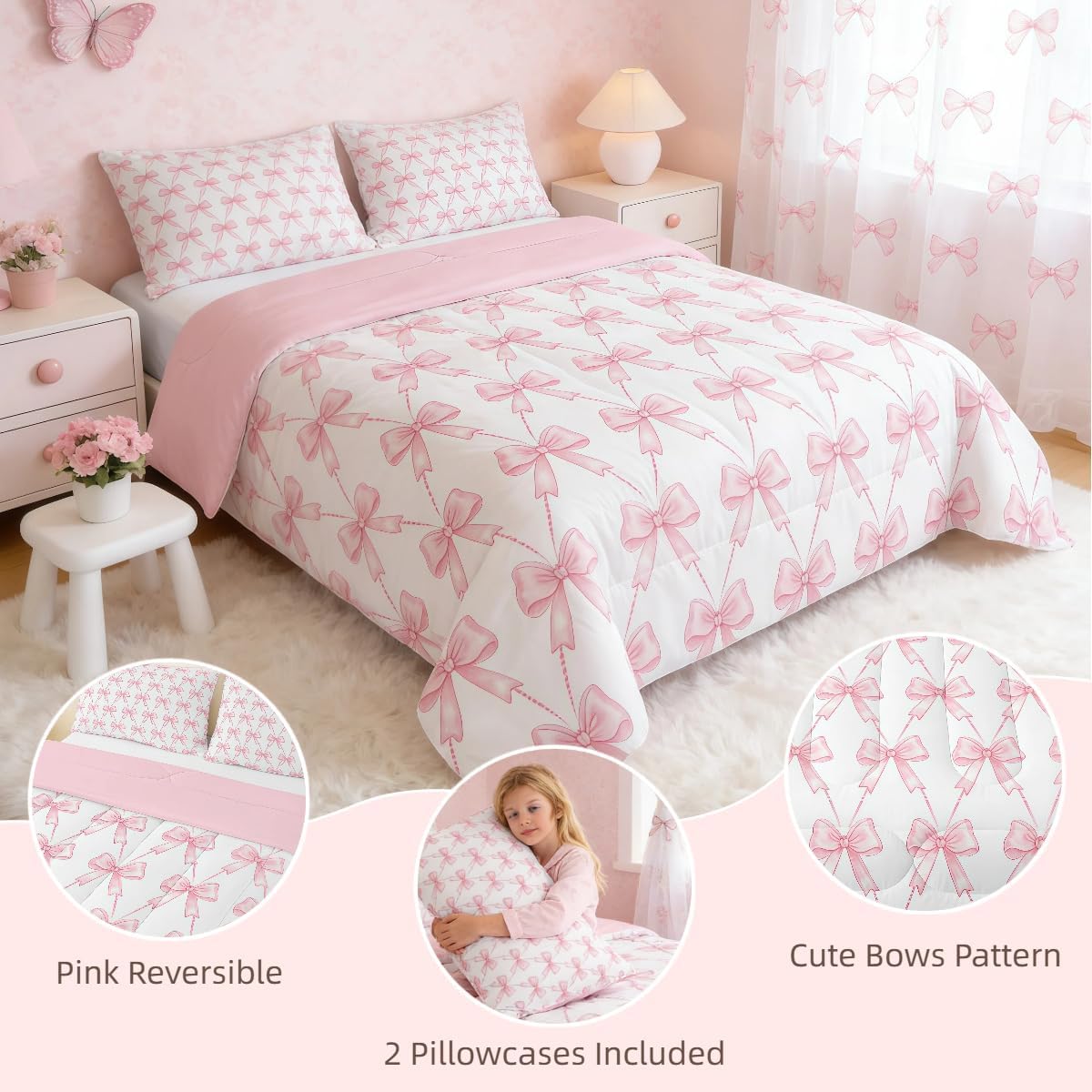 Feelyou Pink Bow Bedding Set Full Size Pink Girls Bow Comforter Set for Kids Women Ultra Soft Cute Bowknot Comforter Kawaii Princess Room Decor Bow and Stripes Quilt, 2 Pillowcase