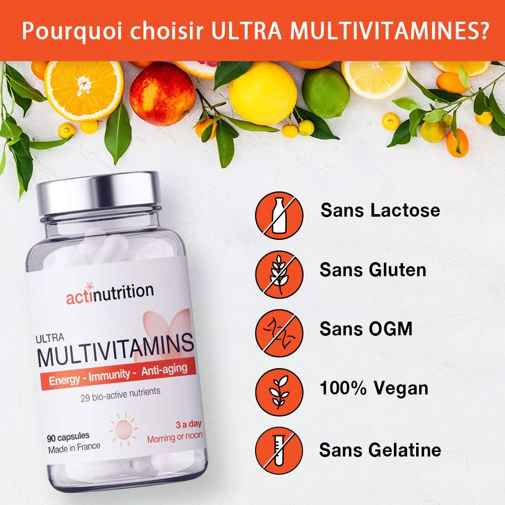 ULTRA Multivitamines | 29 Nutriments Bio-Actifs | Complexe B - B1, B2, B3, B5, B6, B7, B8 (Biotine), B9 (Acide Folique), B12 | Vitamines C & D | Vitalité & Immunité | 90 Gélules | Fabriqué en France