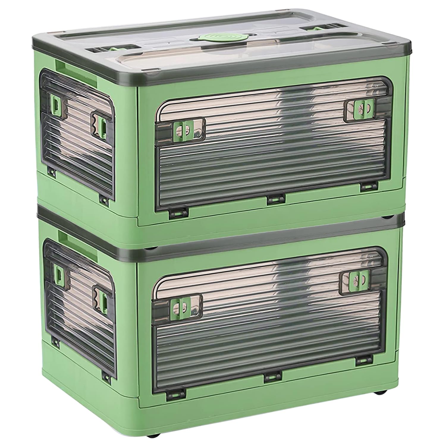 Plastic Trunk Organizer,Closet Organizers and Storage,7 Gal Collapsible Storage Bins,Dorm Room Essentials,2 Pack Dorm Storage Bins with Lids and Doors,Stackable Closet Organizer (7 Gal, Green 2 Pack)