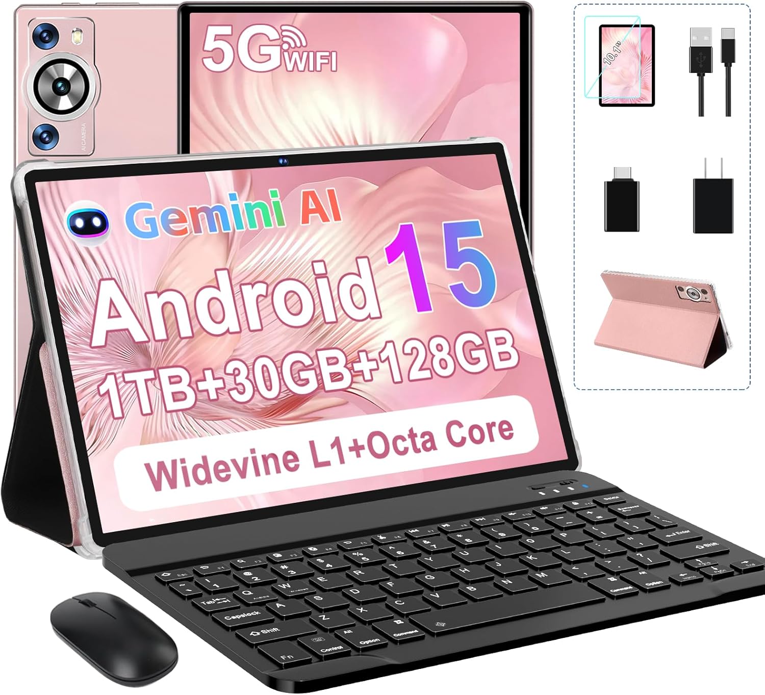 Android 15 Tablet 30GB RAM 128GB ROM 1TB TF, 2025 Electronics Tablets 10.1 Inch 8000mAh with Keyboard Mouse, 2.0GHz, 5G WiFi, BT 5.0, GMS Certified, Incell Display, Gemini AI – Rose Gold/Pink Android 15 Tablet 30GB RAM 128GB ROM 1TB TF, 2025 Electronics Tablets 10.1 Inch 8000mAh with Keyboard Mouse, 2.0GHz, 5G WiFi, BT 5.0, GMS Certified, Incell Display, Gemini AI – Rose Gold/Pink