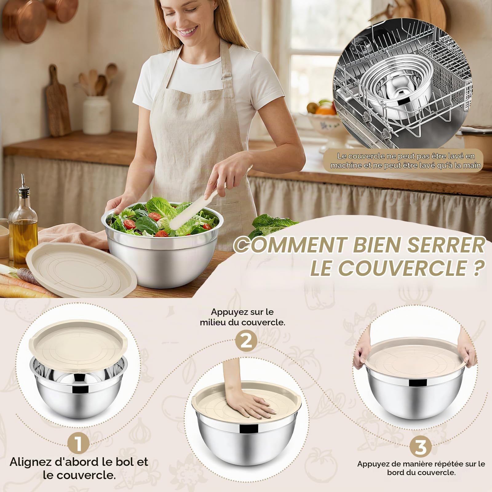 Lot de 7 Saladiers en Acier Inoxydable avec Couvercles, Bols Mélangeurs Empilables, incluant 3 Râpes & Accessoires de Cuisine, pour Pâtisserie, Préparation et Conservation (Ø14–26 cm)