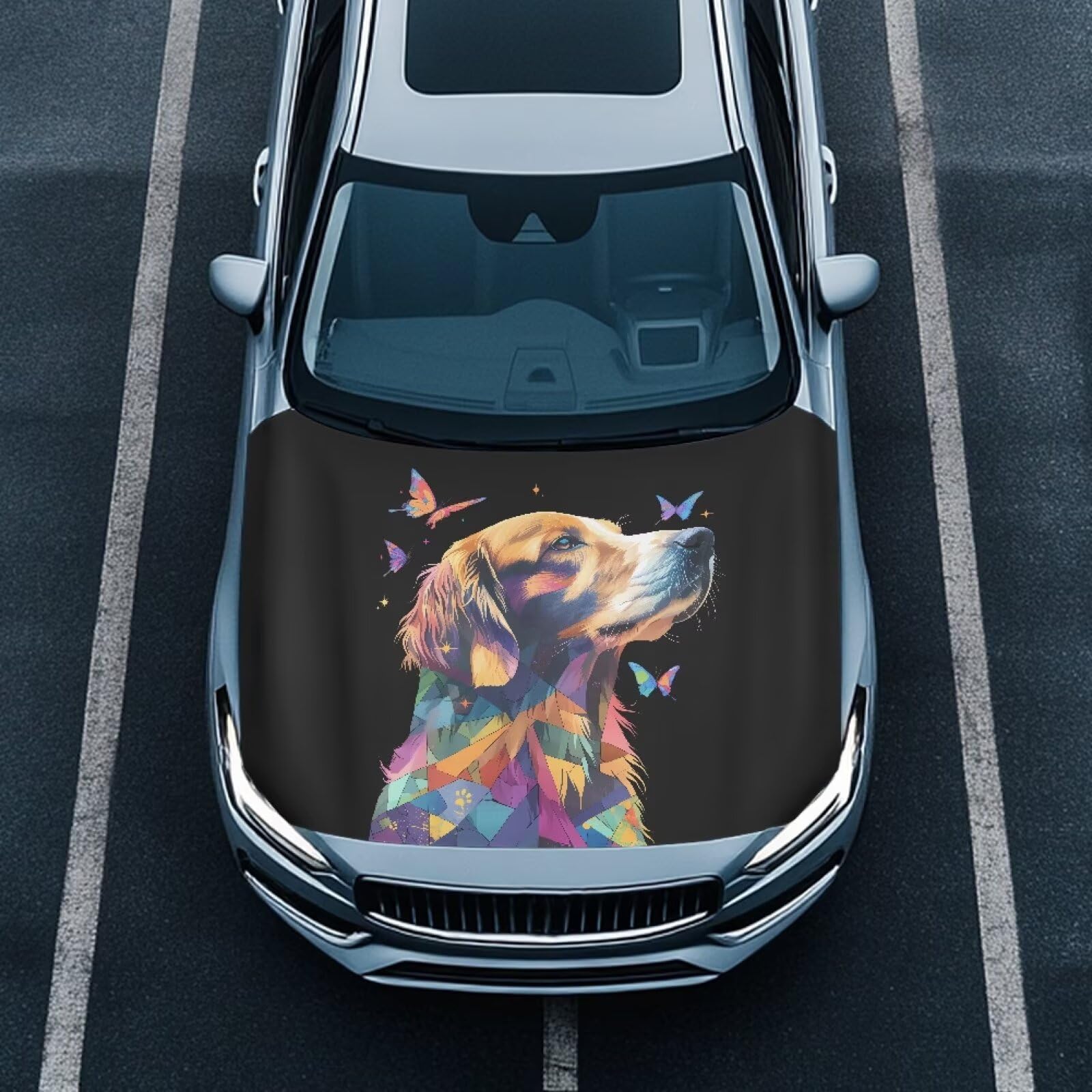 Colorblock Dog Car Hood Cover, Color Golden Retriever Butterfly Washable Elastic Stretchable Polyester Protector for Car Hood, Easy Installation Automotive Accessories
