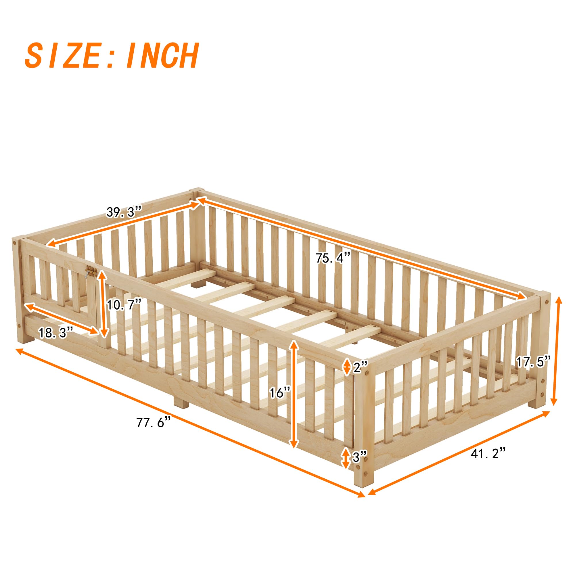 ACQCA Twin Size Floor Bed with Fence and Lockable Door, Wood Montessori Bed Frame with Slat Support for Kids,Boys,Girls,Easy Assembly, Natural