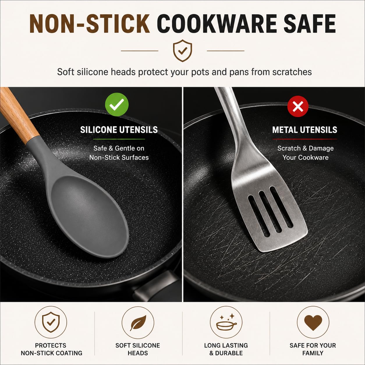 Zollyss Silicone Spatula Set | 5-Piece Premium Silicone Spatula for Non Stick Cookware & Cooking Utensils with Wooden Handles, Heat Resistant Non-Stick Safe Spatula & Spoon Set, Grey — Amazon image 3