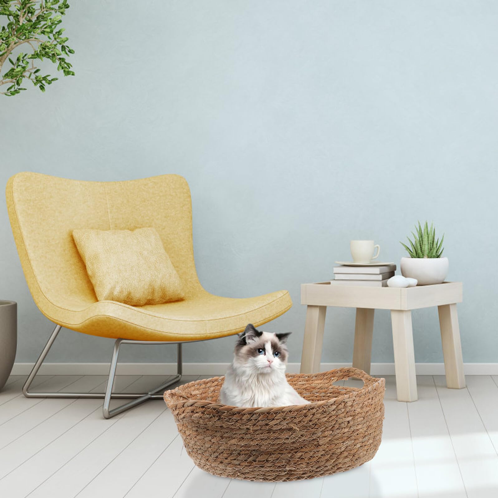 Gatuida Woven Cat Bed Small Size Breathable Semi-enclosed Sleeping House with Flexible Cattail Material Summer Indoor Nest for Cats