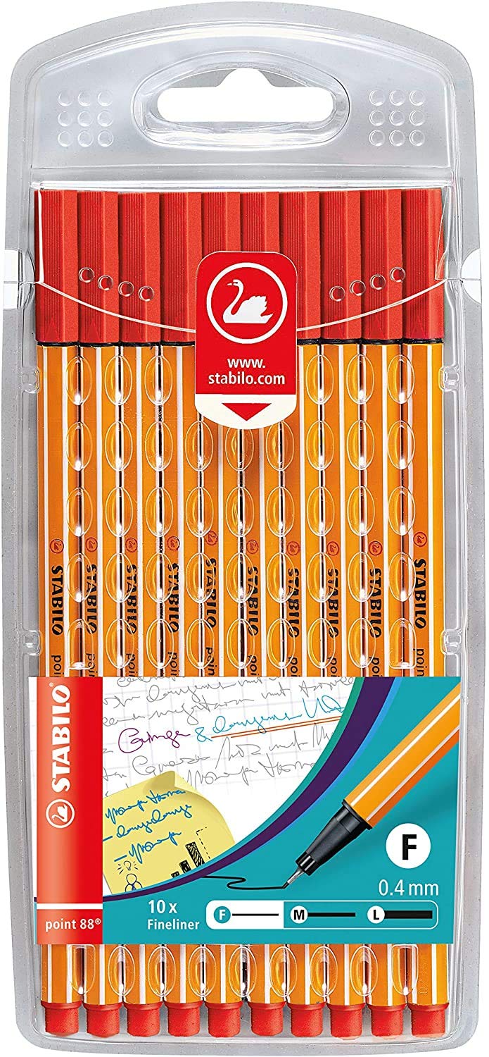 Stabilo Point 88 Lot de 10 feutres fins : noir, rouge, bleu, vert