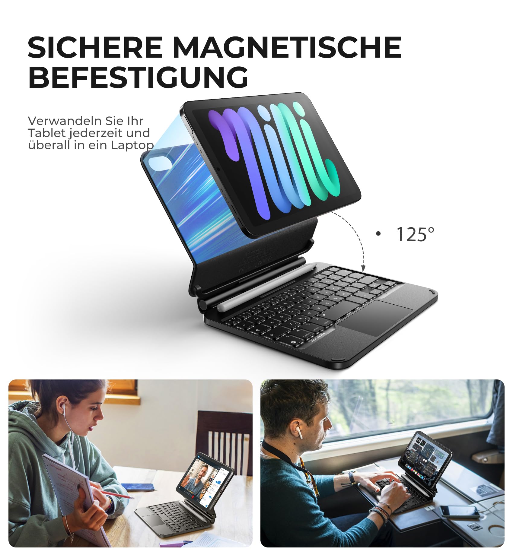 Dexnor Tastatur Hülle für iPad mini 6/7, Magnetische Schwimmender Cantilever-Ständer mit Trackpad Stifthalter Hintergrundbeleuchtung für iPad mini 7/6 Generation 8,3 Zoll 2024/2021 QWERTZ, Schwarz