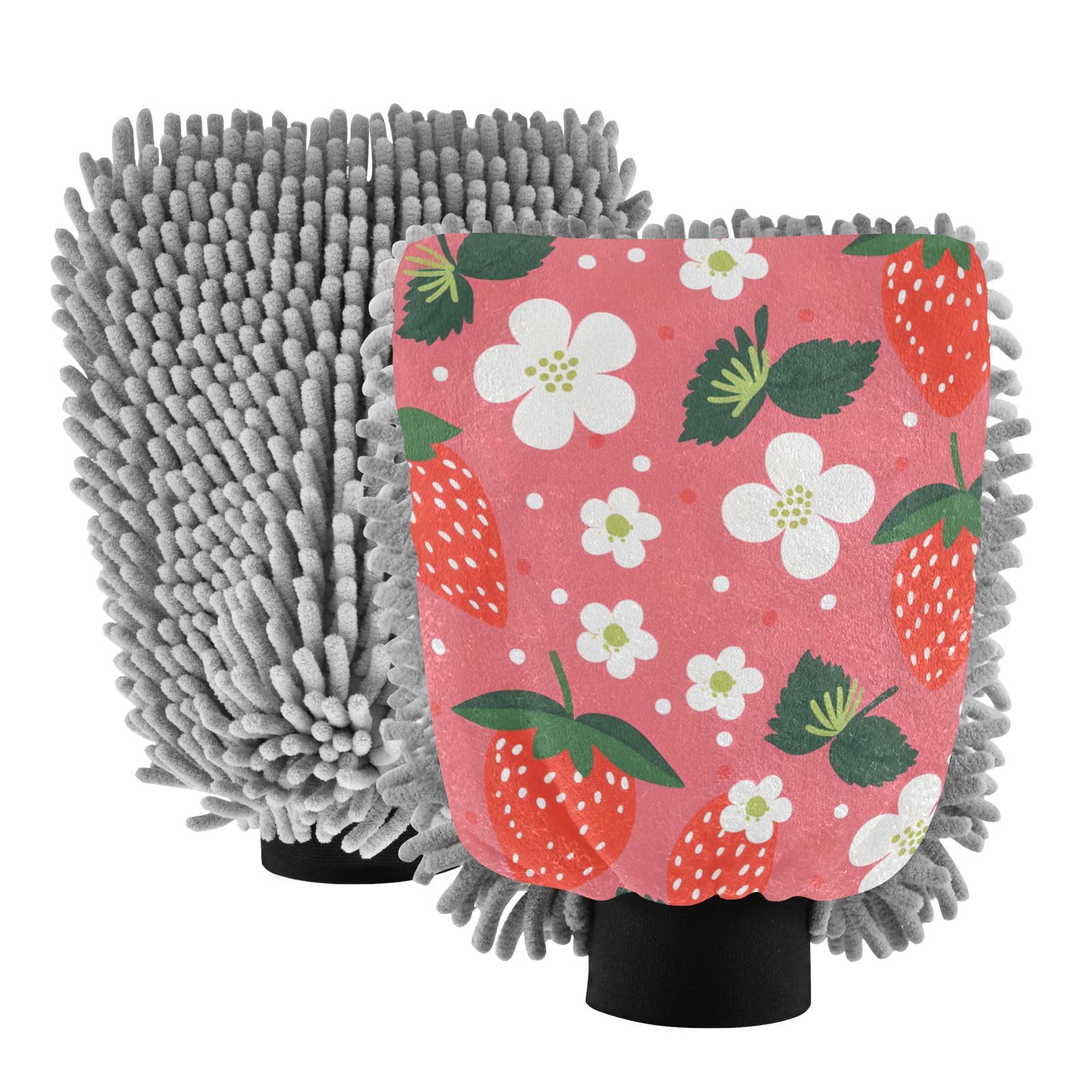 IOACIY Absorbent Microfiber Car Wash Drying Mitts, 2 Pack, Scratch-Free & Lint-Free, Rich Foam, Highly Absorbent, Double Sided, Wash Mitt Perfect for Car Washing, L, Cute Strawberry (1)