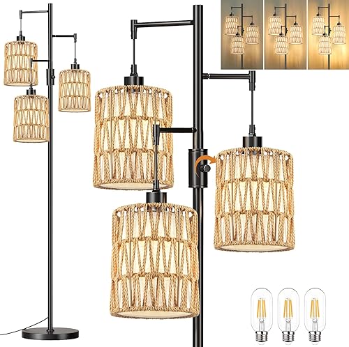 Miniatura 1 de Lámpara de pie bohemia para sala de estar, dormitorio, lámpara de pie regulable con 3 bombillas LED, lámpara alta rústica, lámpara de pie negra,