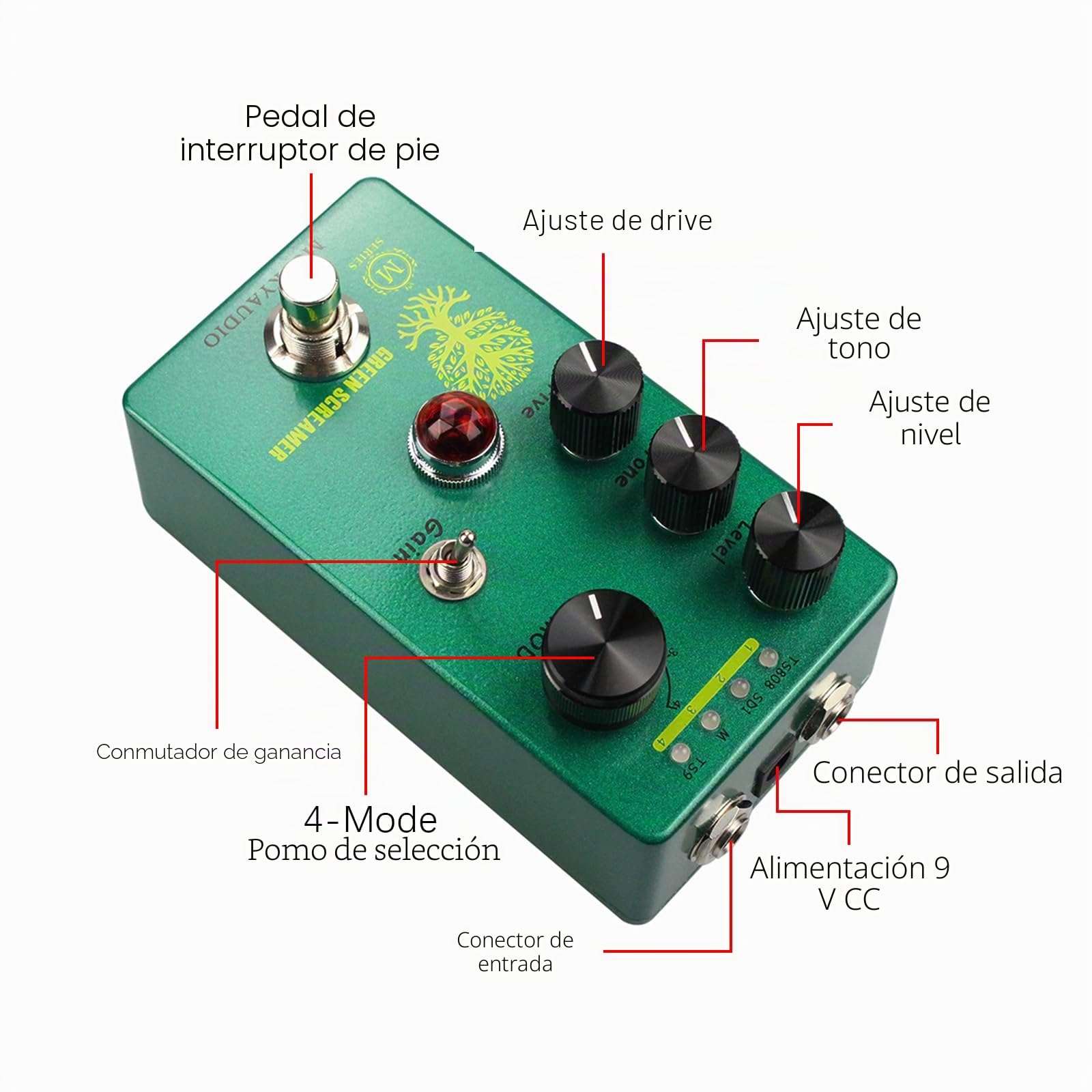 Btuty Booster/Overdrive Pedal de efectos de guitarra Interruptor de 4 modos y controles de nivel/tono/accionamiento Procesador de efectosdigital portátil compacto para guitarra eléctrica