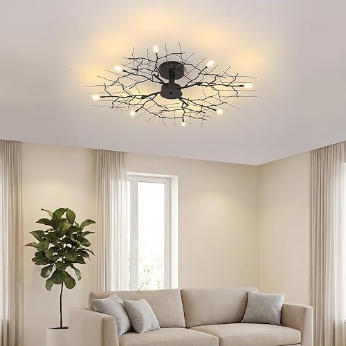 Miniatura 7 de Lámpara de techo de 36 pulgadas con forma de rama, estilo retro creativo, con diseño de flores y vides, para uso en dormitorio, lámpara de techo