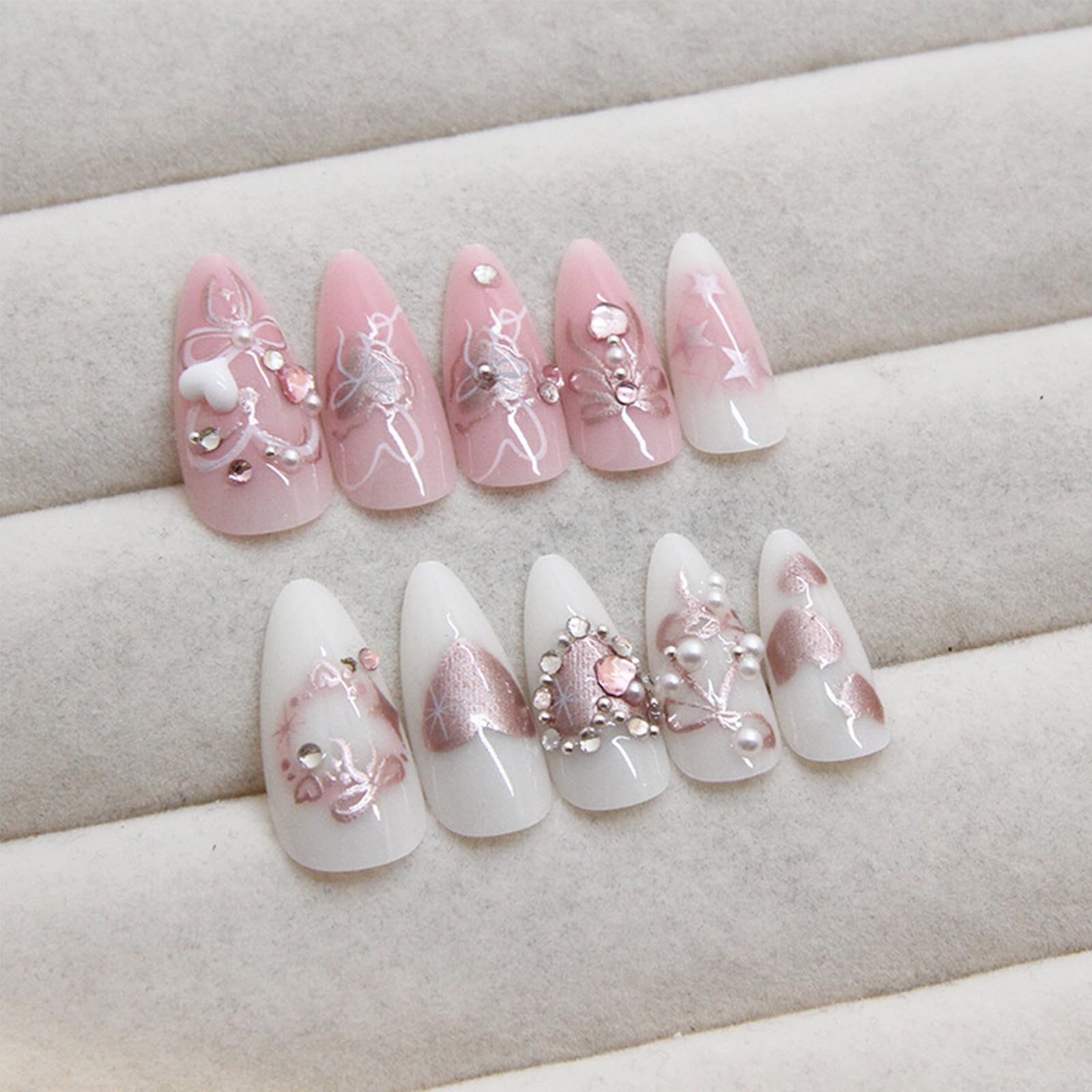 LBPEPAMZ Green Press on Nails Medium Almond Fake Nails with 3D Pearl Rhinestones Designs Gold French Tips Flower Acrylic Nails False Nails White Floral Full Cover Glossy Stick on Nails for Women 24Pcs: Hearts