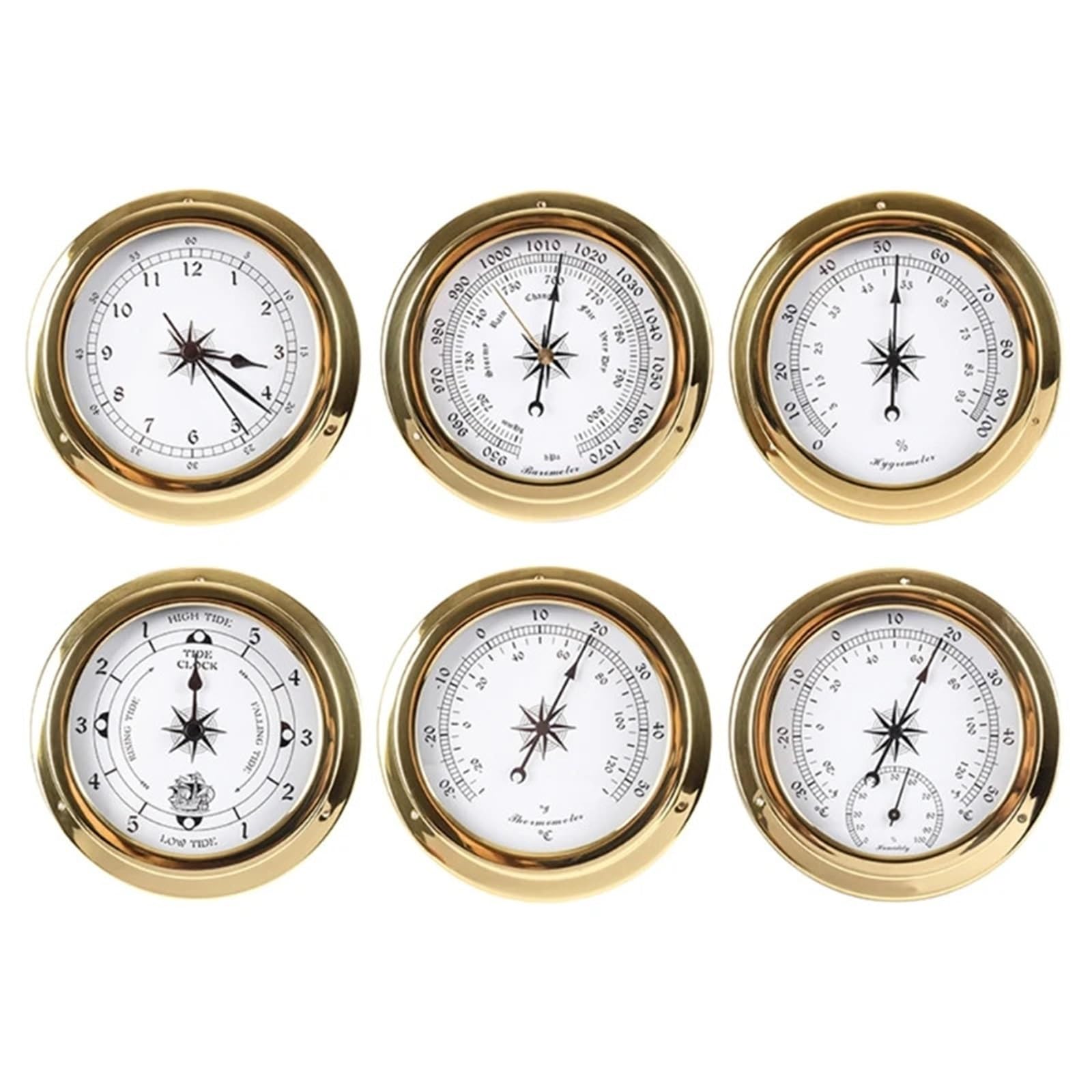 Barómetro Barómetro montado en la pared de 115 mm, termómetro, higrómetro, reloj marea, estación meteorológica cobre for interiores y exteriores(Tidal clock)