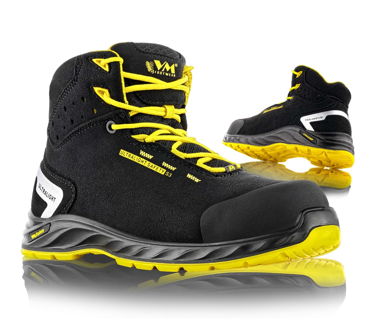 Footwear Wisconsin 2290-S3L ESD Safety Boots Size 45 Black/Yellow Men Women Lightweight Work Shoes Comfortable Cushioning Anti-Smashing Breathable Water-Repellent Non-Slip Sole