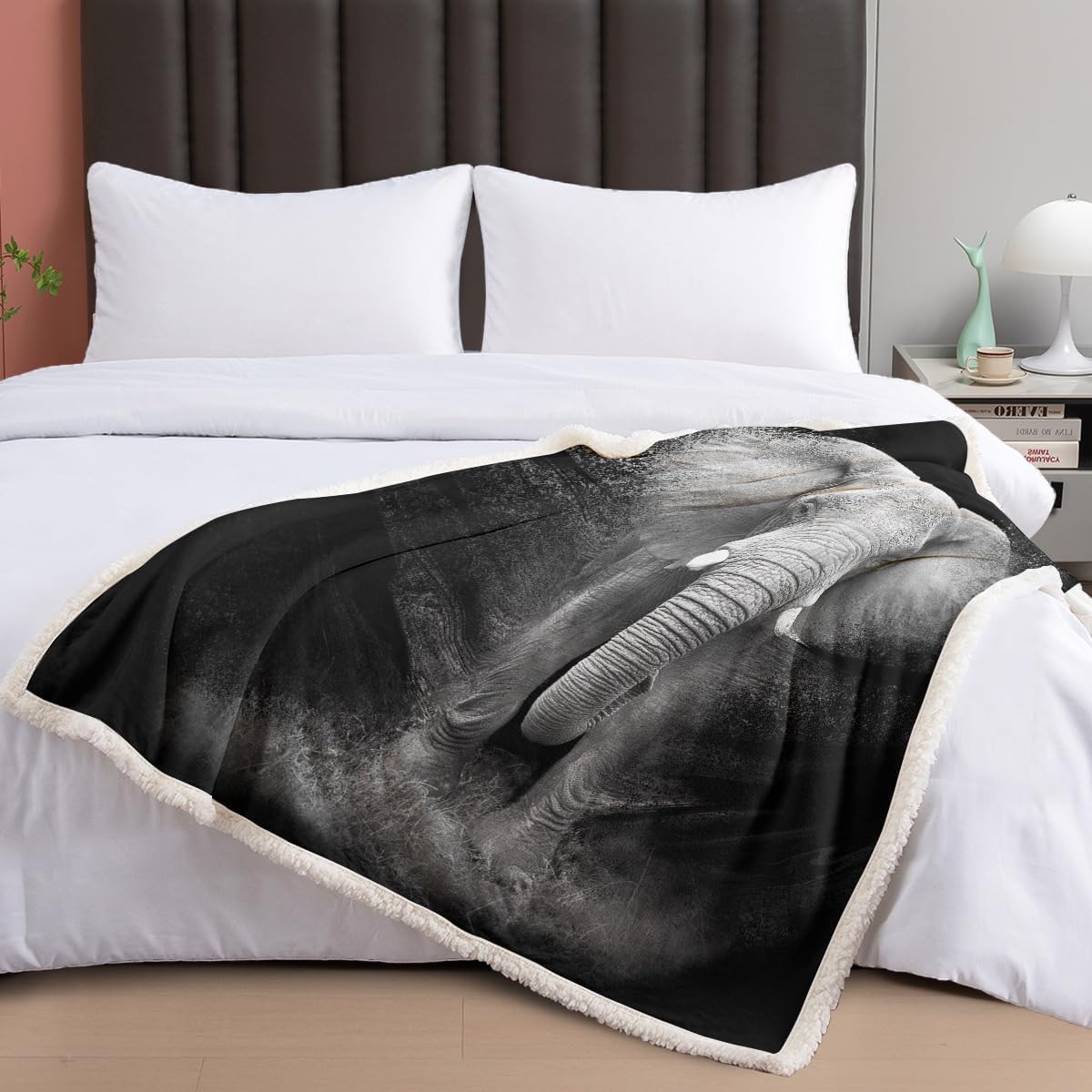 MILANKET Elephant Plush Sherpa Blanket Super Soft Cozy Sherpa Fleece Throw Blanket for Sofa Couch Bed, Black Night African Elephant Print Fuzzy Blanket 3D Wild Animal Room Decor 50"x60"