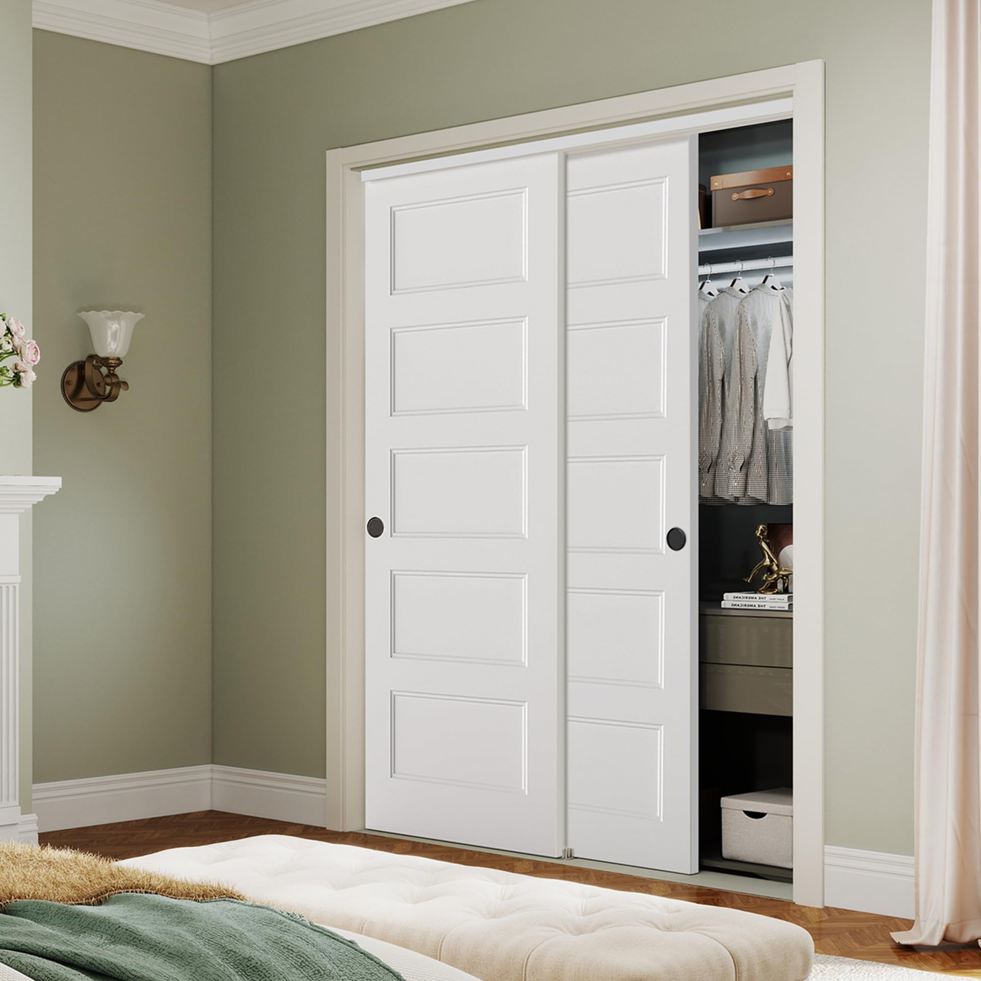 BARNSMITH 60x80 in 5-Panel Bypass Sliding Closet Door, White Primed Door Slab with Bypass Closet Track Hardware Kits, Paintable and Lightweight