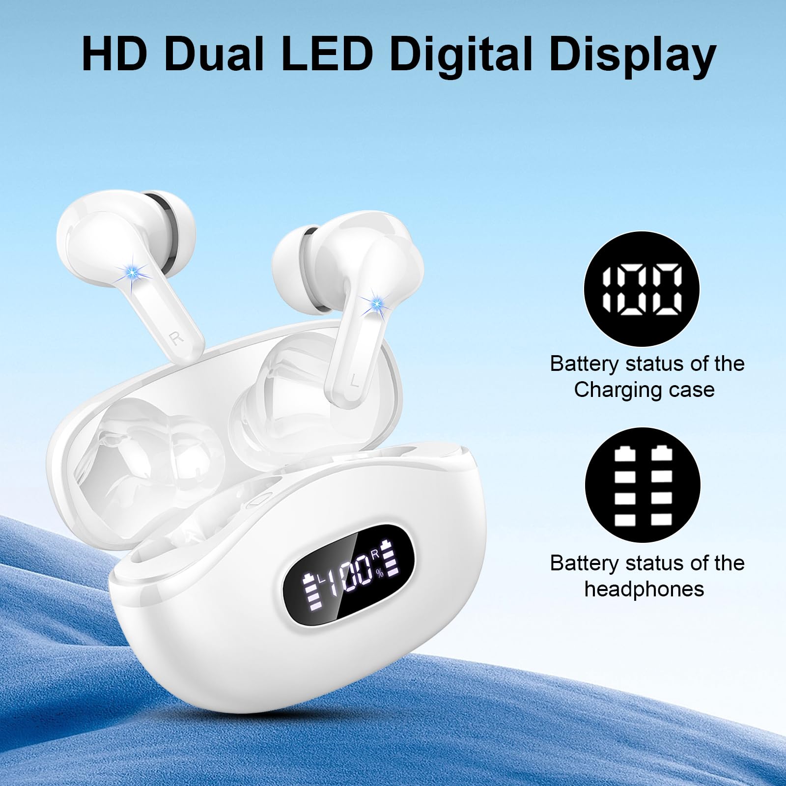 Draadloze bluetooth-hoofdtelefoon, Bluetooth 5.4, hifi, stereo, met 4 ENC ruisonderdrukking, microfoon, 40 uur, draadloze hoofdtelefoon met led- display, IP7 waterdicht, touch-bediening, roségoud