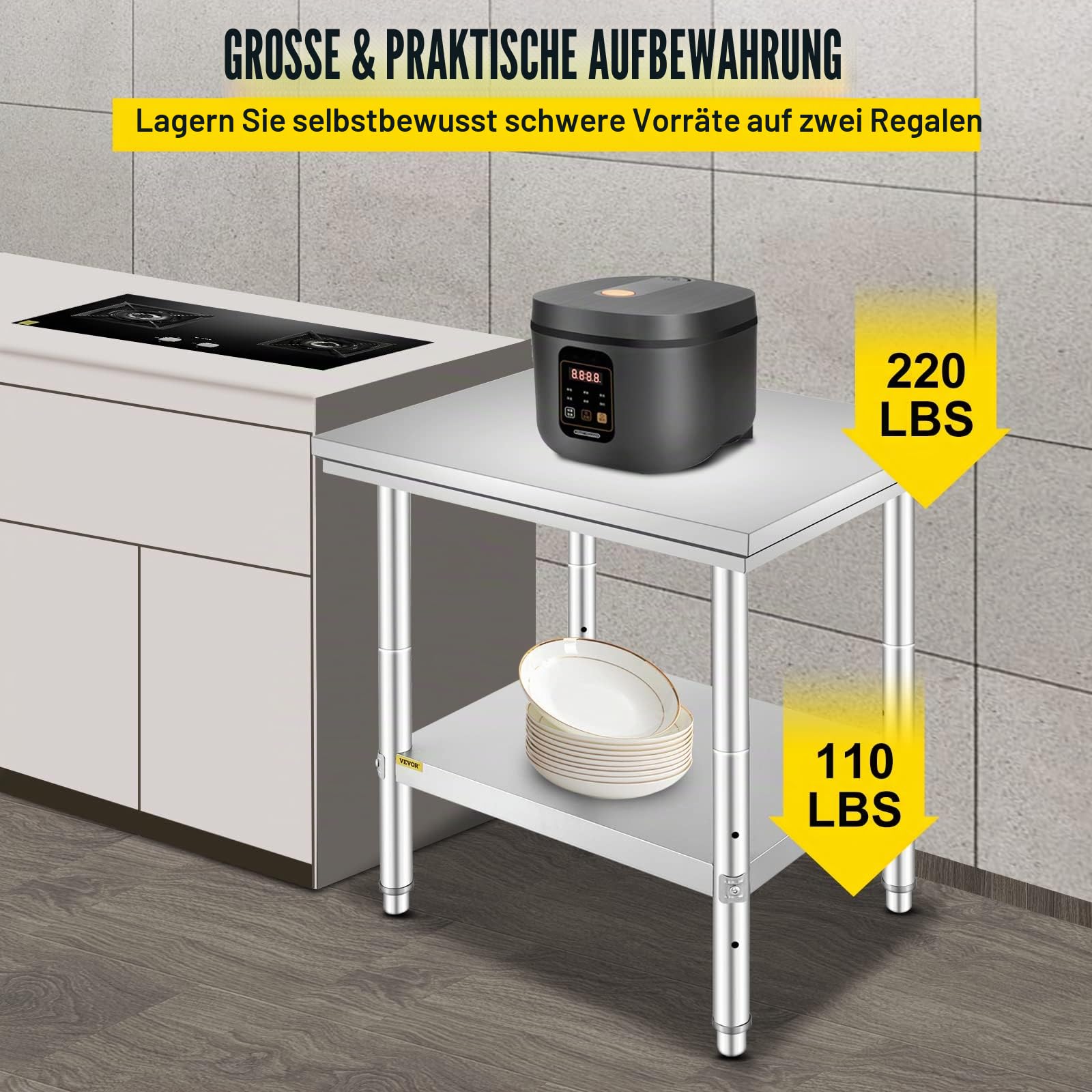 VEVOR Arbeitstisch Küche Edelstahl 60 x 76 x 80 cm Arbeitsplatte Küche in 2 Etagen Arbeitstisch aus Edelstahl für die Zubereitung von Speisen, Hotels, Büros, Krankenhäusern