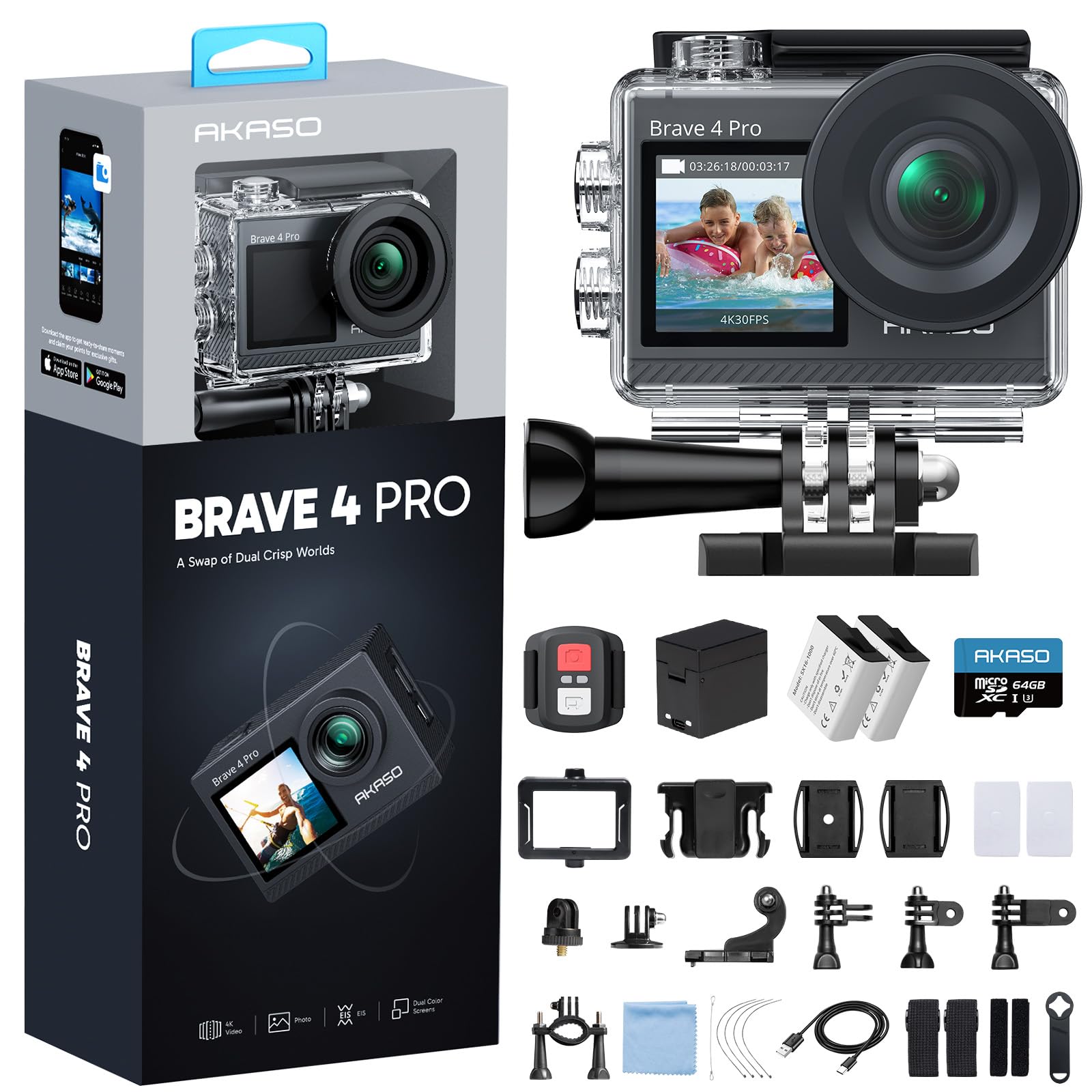 AKASO Brave 4 Pro Action Cam 4K 40M con Scheda di Memoria U3 da 64GB, Videocamera 20MP WiFi 170° Grandangolare Doppio Schermo EIS Stabilizzazione, Touch Screen, 5x Zoom | Videocamera 20MP WiFi, Grandangolare 170°, EIS, Touch Screen, Zoom 5×, 2 Batterie da