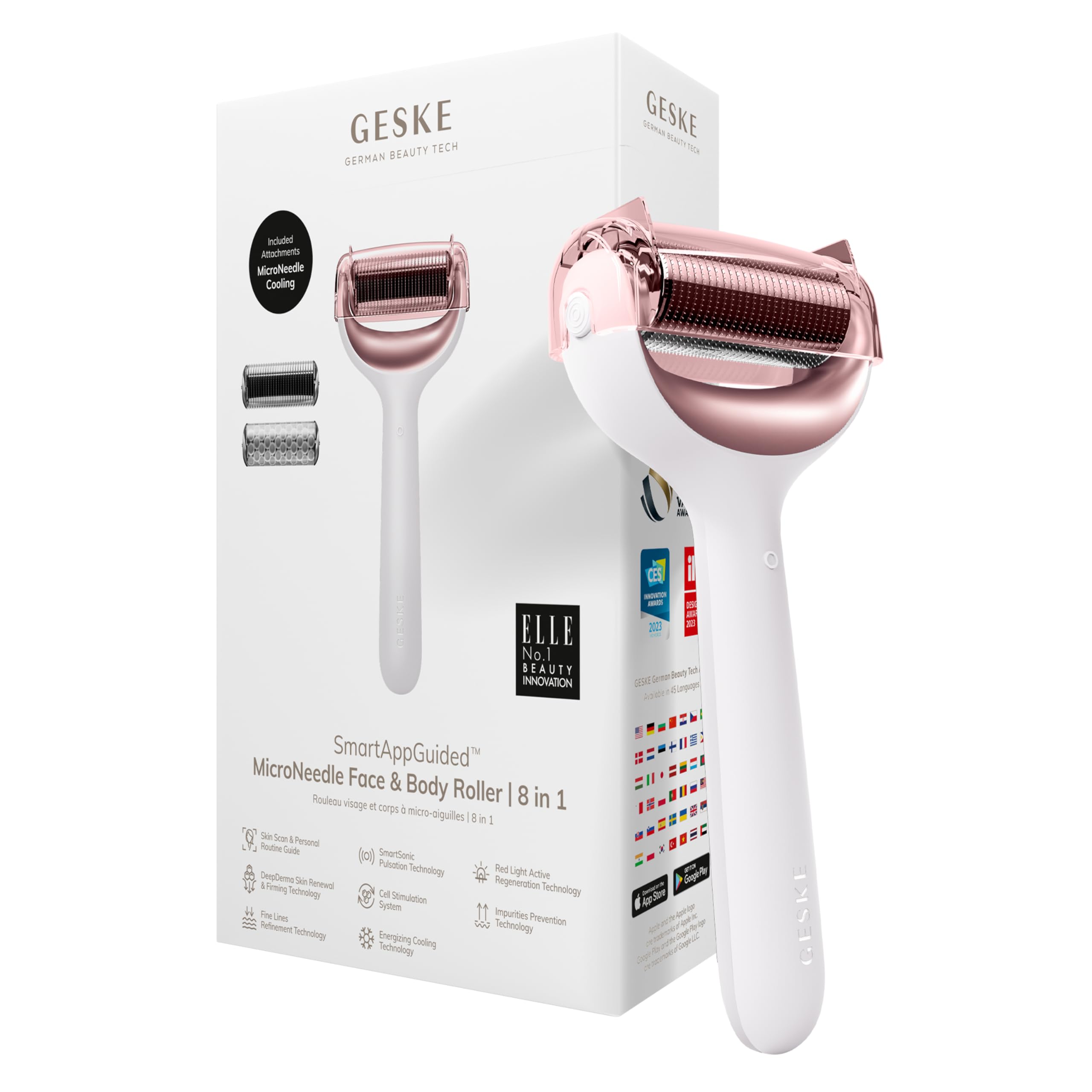 GESKE SmartAppGuided MicroNeedle Face & Body Roller | 8 in 1 | Derma Roller | Electric roller | Microneedling device | Needle roller | Beauty roller for face and body
