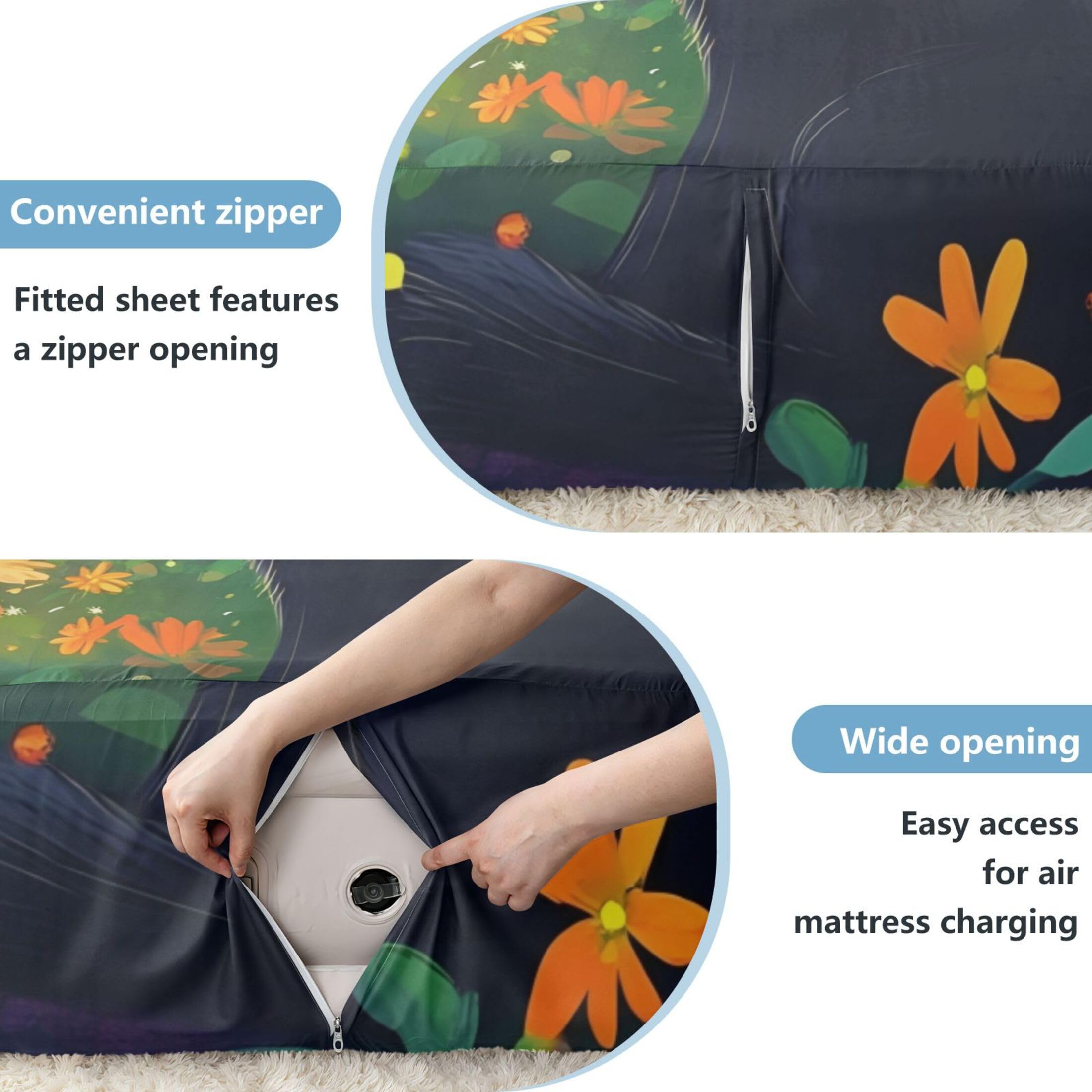 Lindo gato negro individual sábana bajera ajustable para colchón de aire, bolsillo extra profundo de 24 pulgadas, funda suave transpirable con apertura de válvula de cremallera para cama de