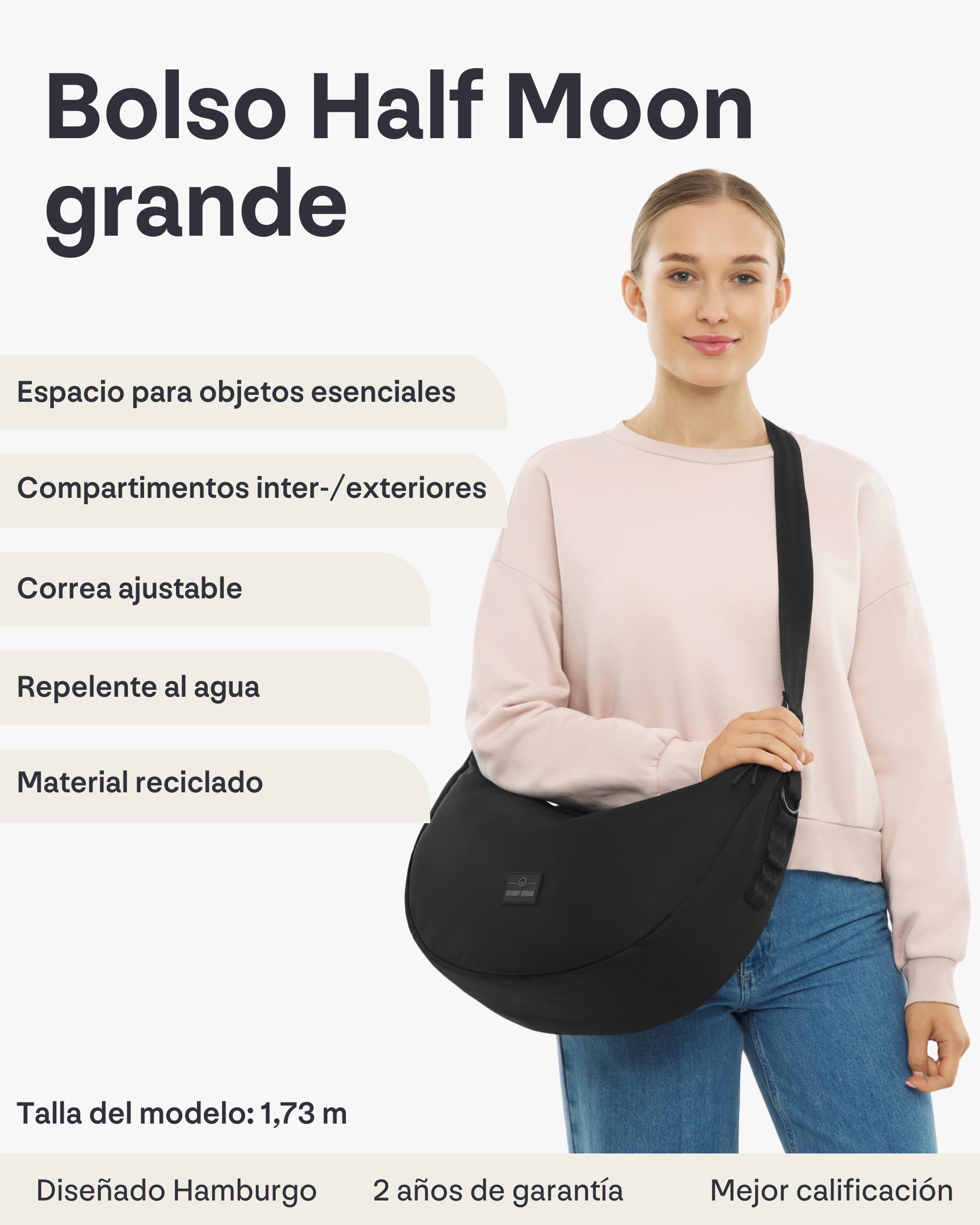 Johnny Urban Bolso Bandolera Mujer Hombres Negro - Ally Large - Half Moon Bag - Bolso Riñonera de Media Luna - Bolso Grande Redondo con Correa Ajustable - Repelente al Agua