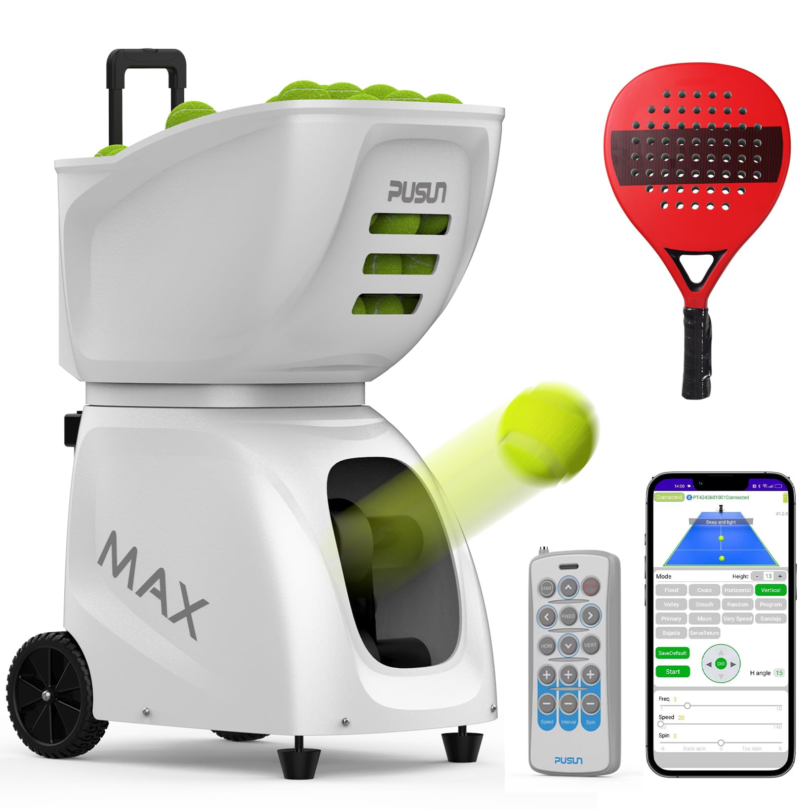 PUSUN PT-MAX C Padel Ball Machine with APP Smart Control | Advanced Automatic Ball Launcher for All Skill Levels | Complete Training Solution from Solo Practice to Professional Coaching (White)