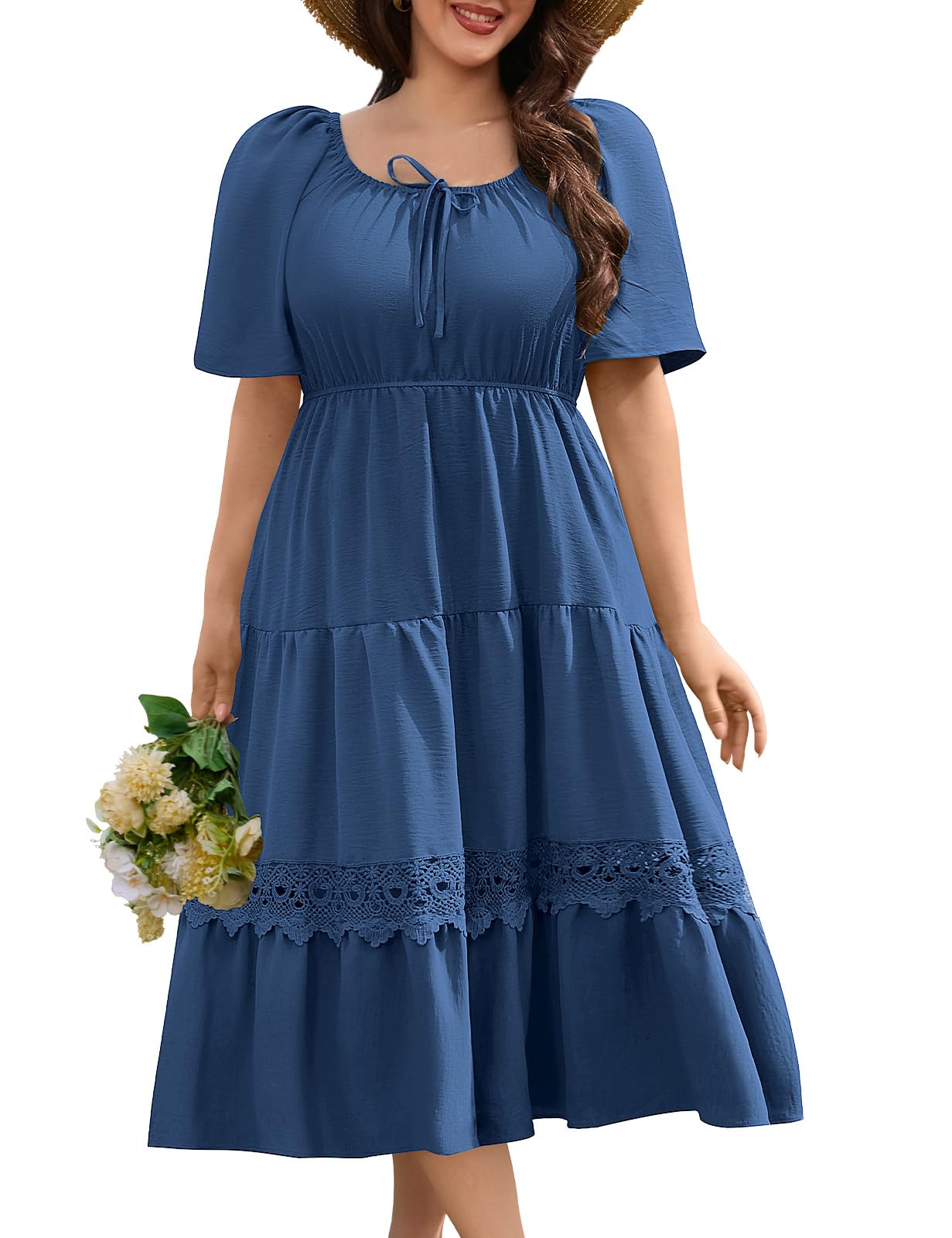 heekpek Robe Longue Été Femme Grande Taille Robe Manches Courtes Col Carré Chic et Elegant Robes Fluide D'été Taille Haute Élastique Robe Ample Décontractée de Plage XL-4XL