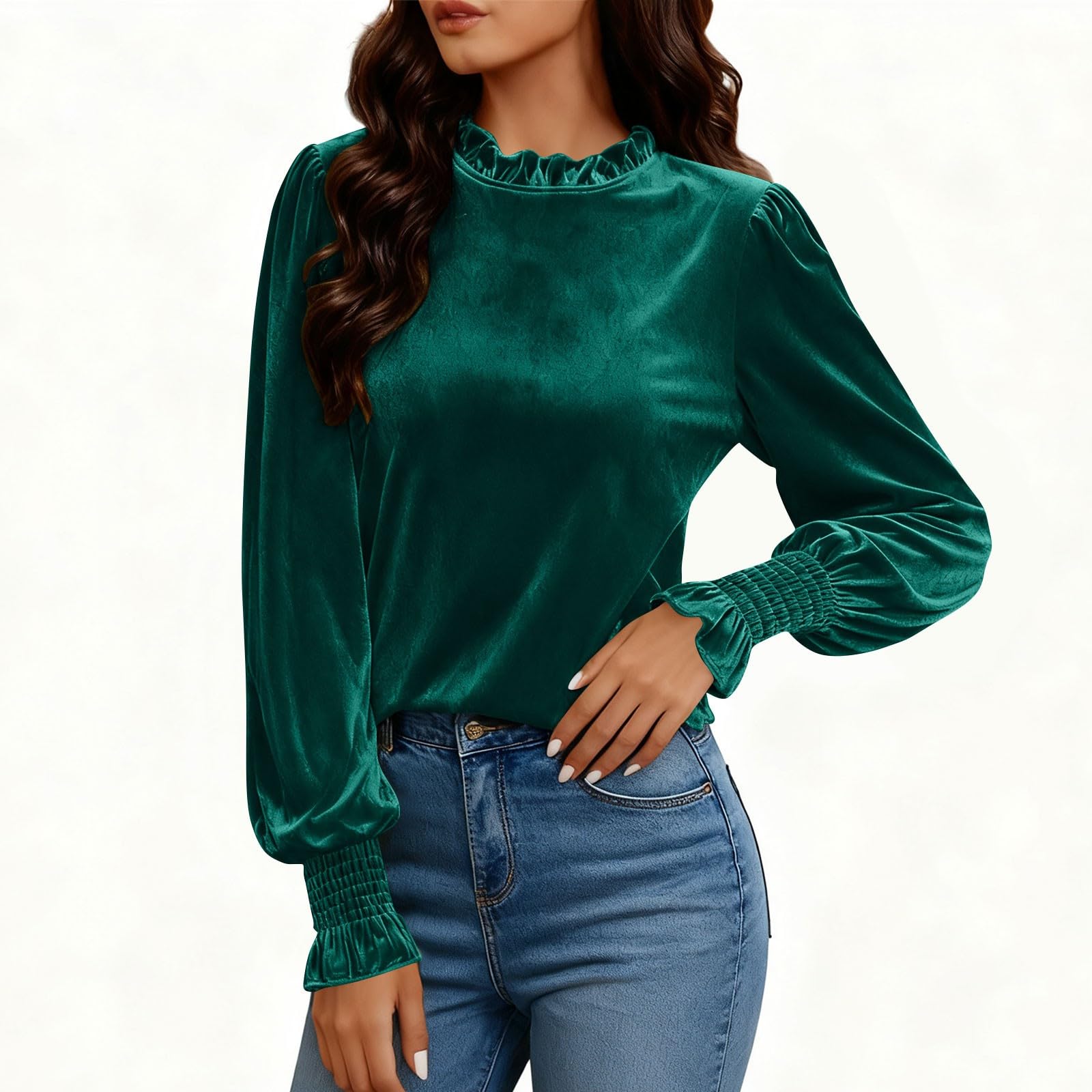 KHIRVWL Top Donna Casual Largo in Velluto Scollo Tondo Maniche Lunghe Tops Pizzo Maglietta con Glitter Sexy Taglie Forti Camicetta Brillantini Maglia da Sera Curvy Camicia Oro per Feste e Serate