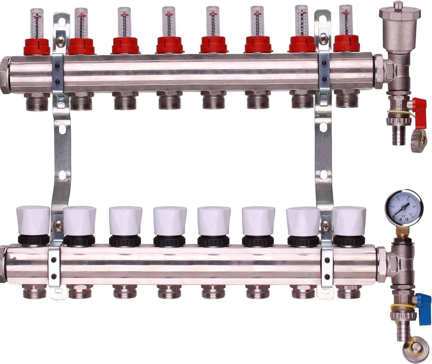Brass Underfloor Heating Manifolds 2-12 Port Options (8 Ports)