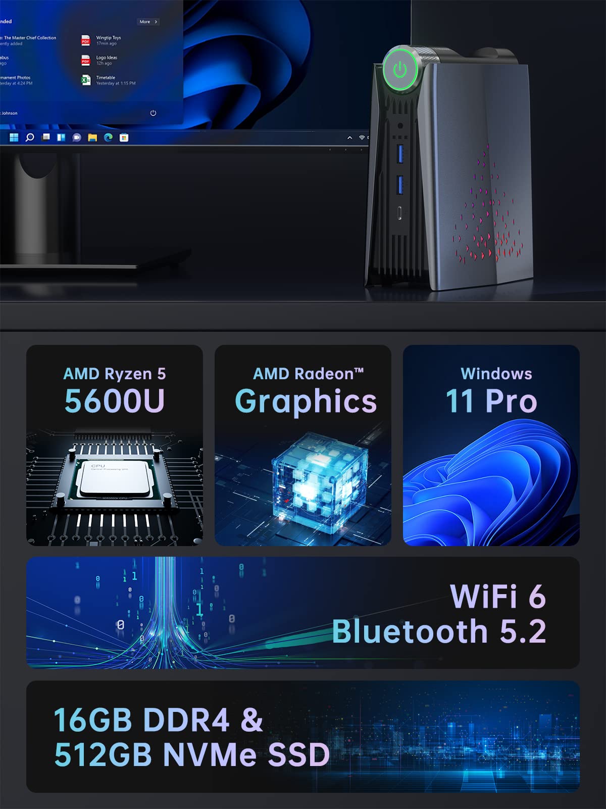 ACEMAGICIAN Mini PC De Bureau AM06 Pro, AMD Ryzen 5 5625U (jusqu'&agrave; 4,3 GHz), RAM 16 Go SSD, Port