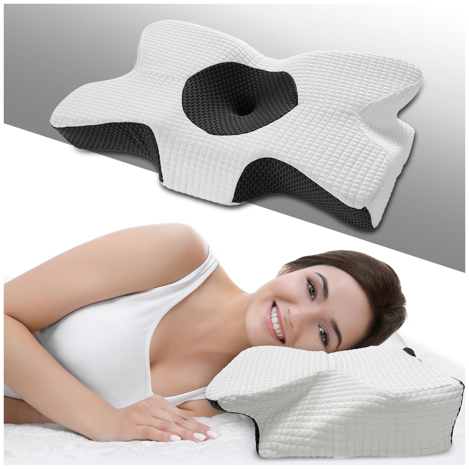 GC GAVENO CAVAILIA Cervical Anti Allergy Orthopedic Contour Memory Foam Pillow For Shoulder Neck Tension Relief Anti Bacterial Stomach Side Sleeping Pillow With Hypoallergenic Pillowcase, 64x38 cm