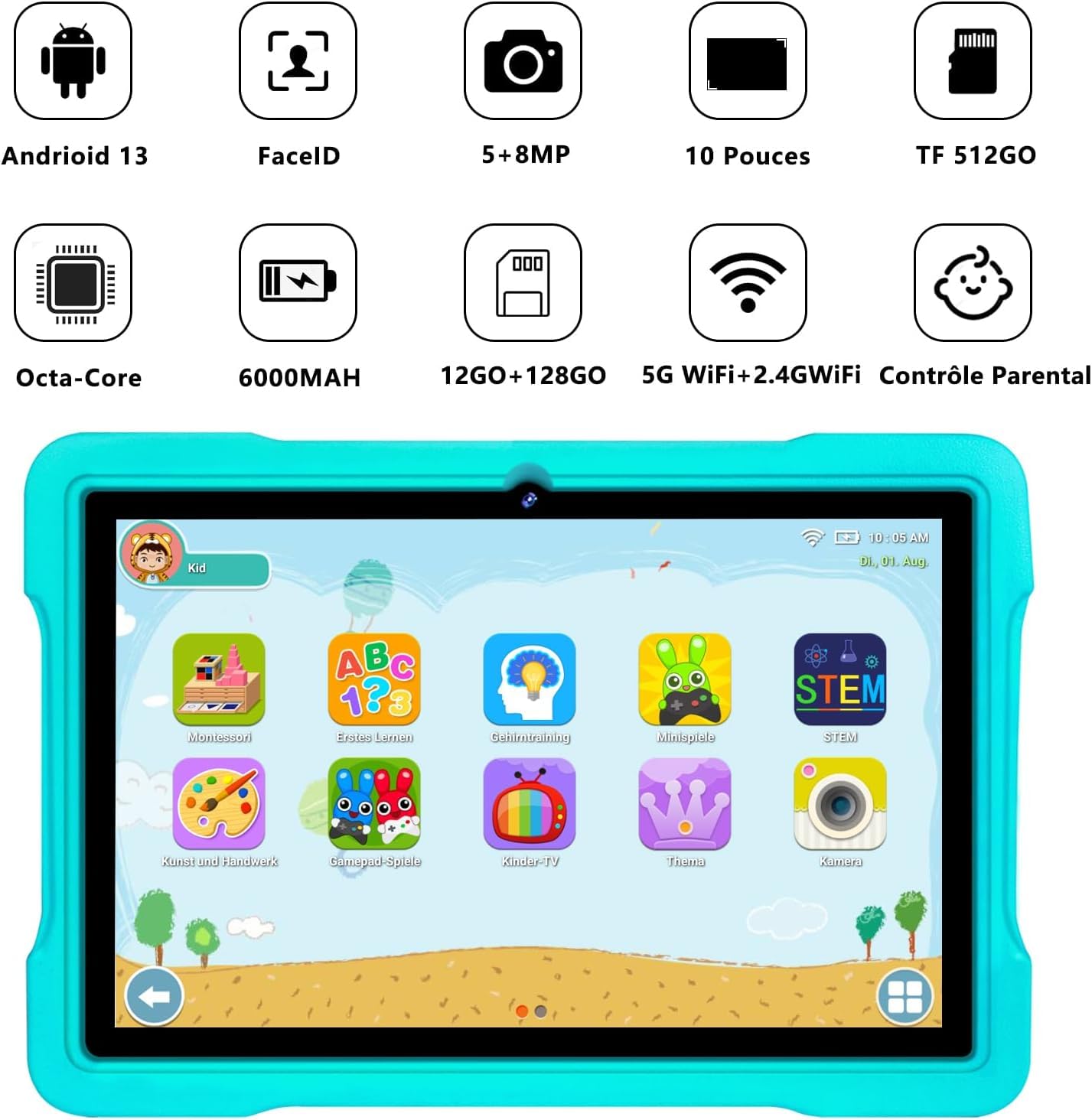 fezawio - Tablet para niños de 10 Pulgadas, Android 13, 12 GB (6 + 6) RAM 128 GB ROM Extensible a 512 GB | Control Parental | Educación de los niños | Cámara Dual | 5G WiFi | Eva Cover - Verde — view 2