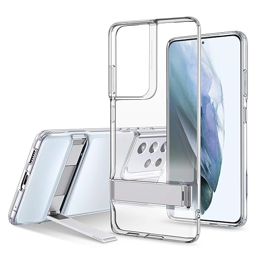 ESR Cover con Cavalletto in Metallo Compatibile con Samsung Galaxy S21 Ultra 5G 2021, Silicone Sottile Cristallino, Supporto Verticale e Orizzontale, Trasparente