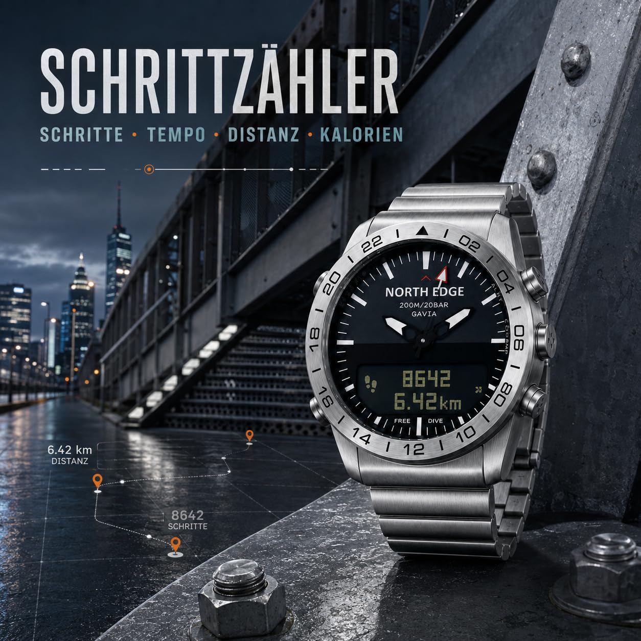 NORTH EDGE MARS3 Herren Digitaluhr Robuste Outdooruhr mit Schrittzähler Sportuhren Dual Time Wecker Wasserdicht 50m Schwarz
