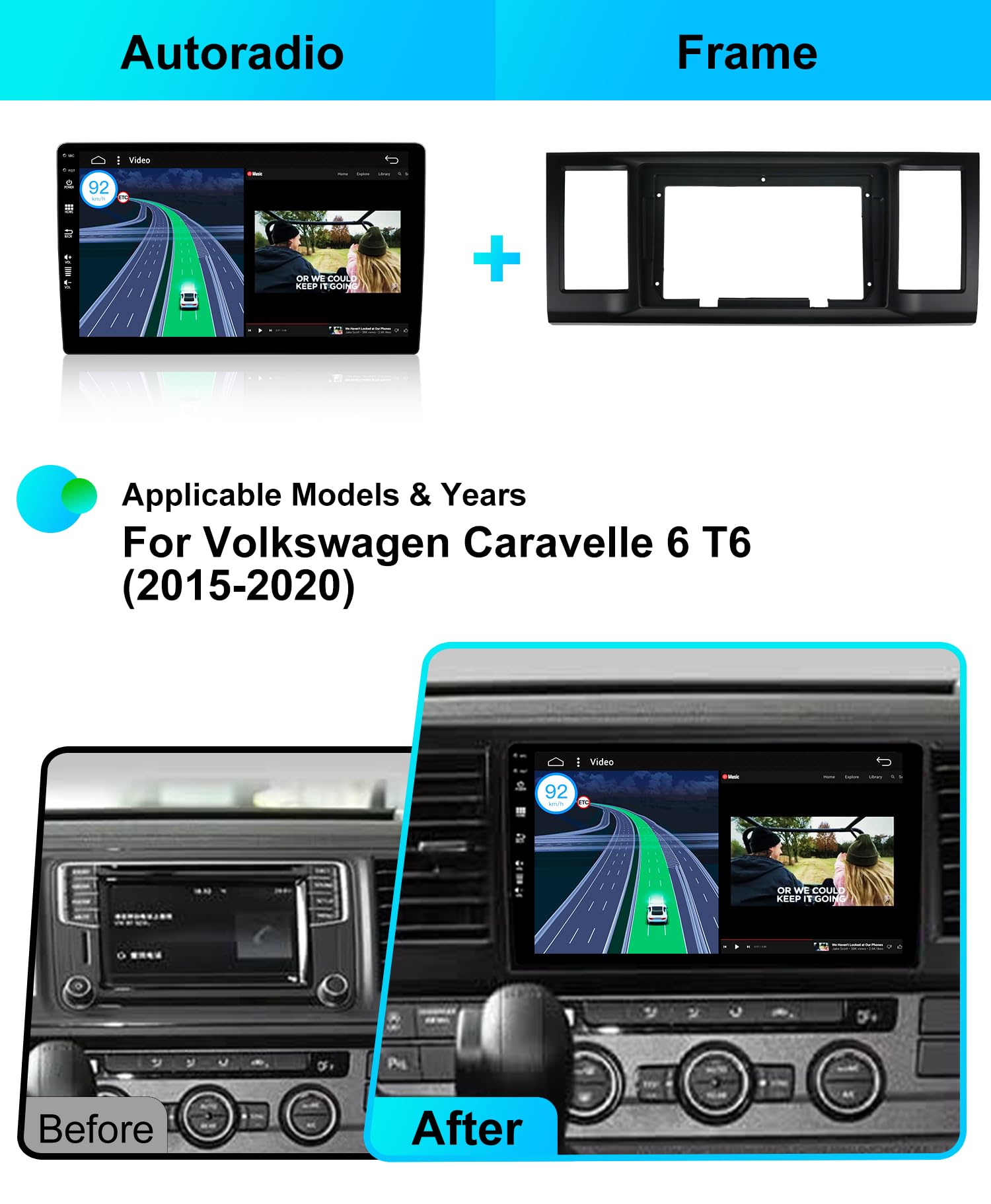 8G + 256G, ośmiordzeniowy, radio samochodowe z systemem Android 15 IPS do VW Caravelle 6 T6 (2015-2020), bezprzewodowa kamera samochodowa CarPlay/Android - kamera LED i mikrofon - 9 cali 2
