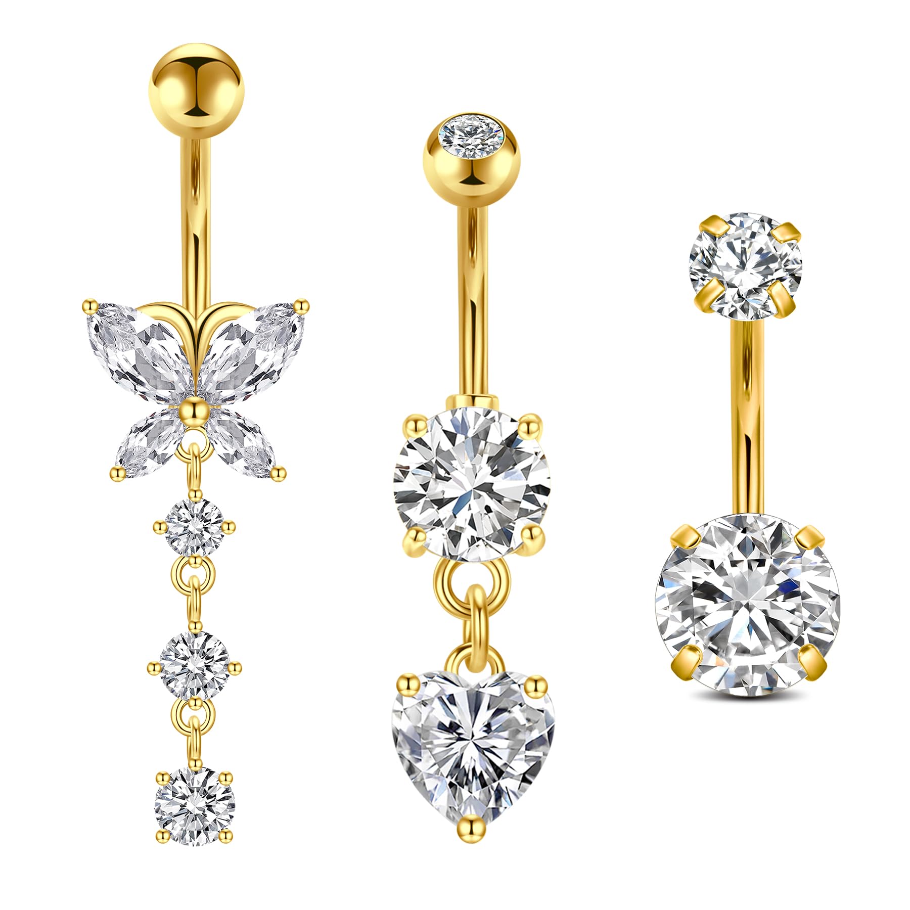 FECTAS 3pcs Bauchnabelpiercing 10mm Chirurgenstahl Silber Gold Bauchpiercing Piercing Bauchnabel Schmuck Herz Schmetterling