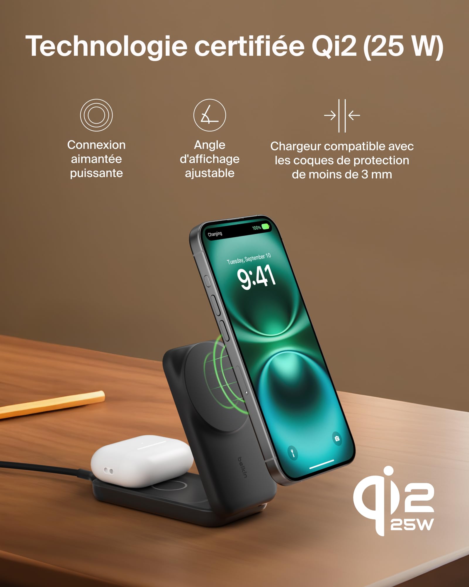Belkin UltraCharge Chargeur Induction Qi2 25W, Station de Charge 2 en 1 pour iPhone 17, iPhone Air, AirPods, Pixelsnap, Compatible avec MagSafe avec Port-USB-C et Adaptateur 45W - Noir