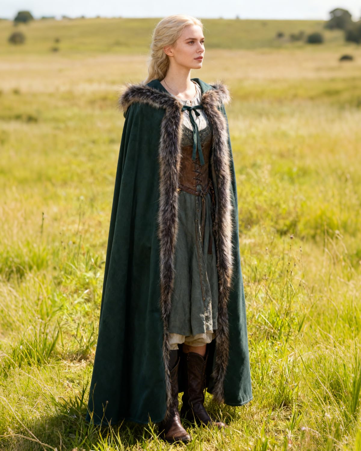 keland Capa de piel vikinga, capa medieval, terciopelo con capucha, color verde | Disfraz de vikingo para mujer y hombre, capa de piel con capucha, Halloween, cosplay, festival medieval, carnaval, invierno