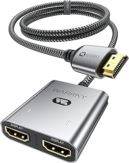 HDMI Splitter 4K, 1x2 HDMI Display Duplicate/Mirror, WARRKY HDMI Splitter 1 in 2 Out [Metal Shell, 3.3 Ft Braided HDMI Cable, LED Indicators], USB-C Powered Splitter, 1 Source to 2 Identical Displays
