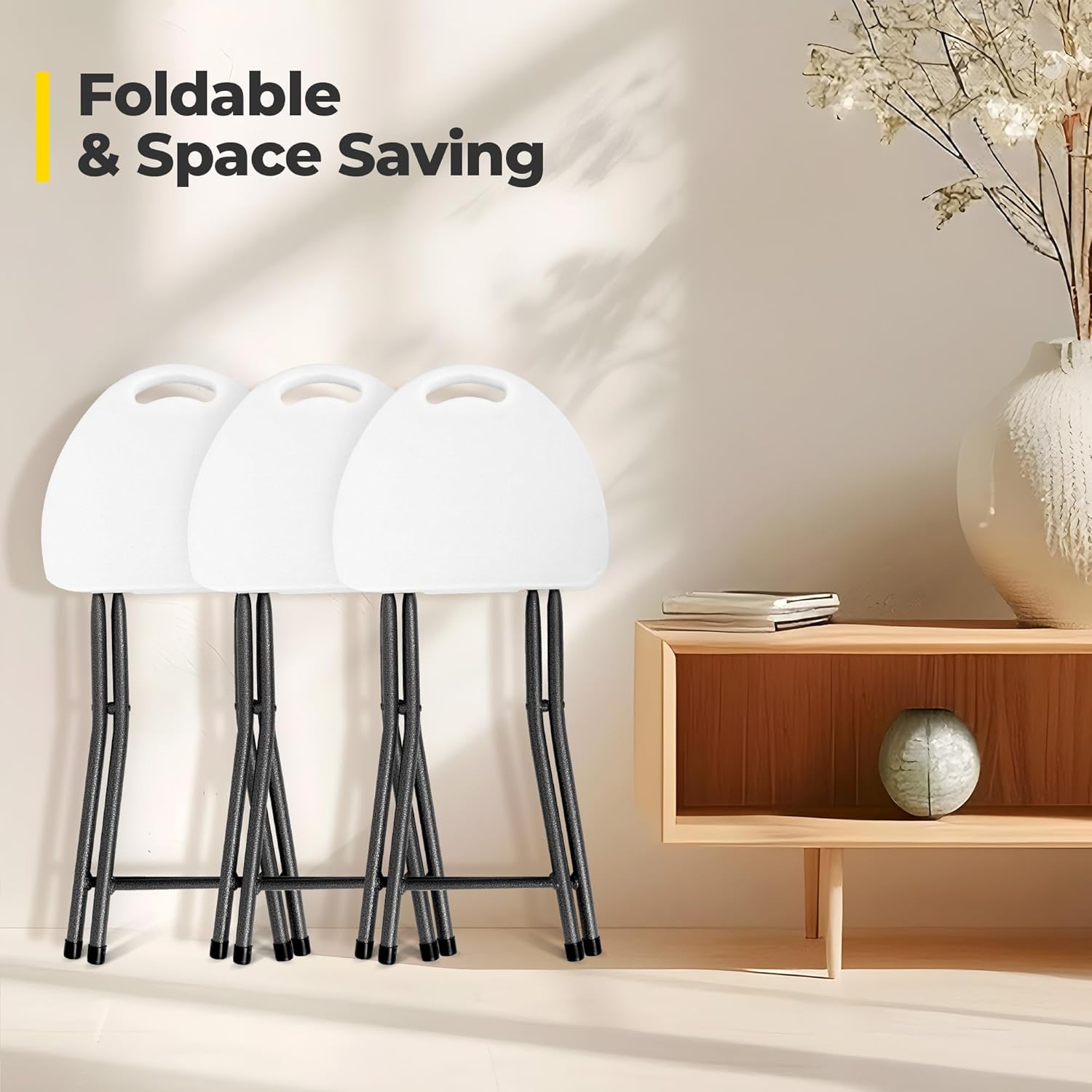 4 Pack White Folding Stools with Handle, Plastic Triangle Seat and Metal Frame, Portable Foldable Stool with Waterproof Surface, Stackable Small Chairs for Indoor Outdoor (White, Set of 4)