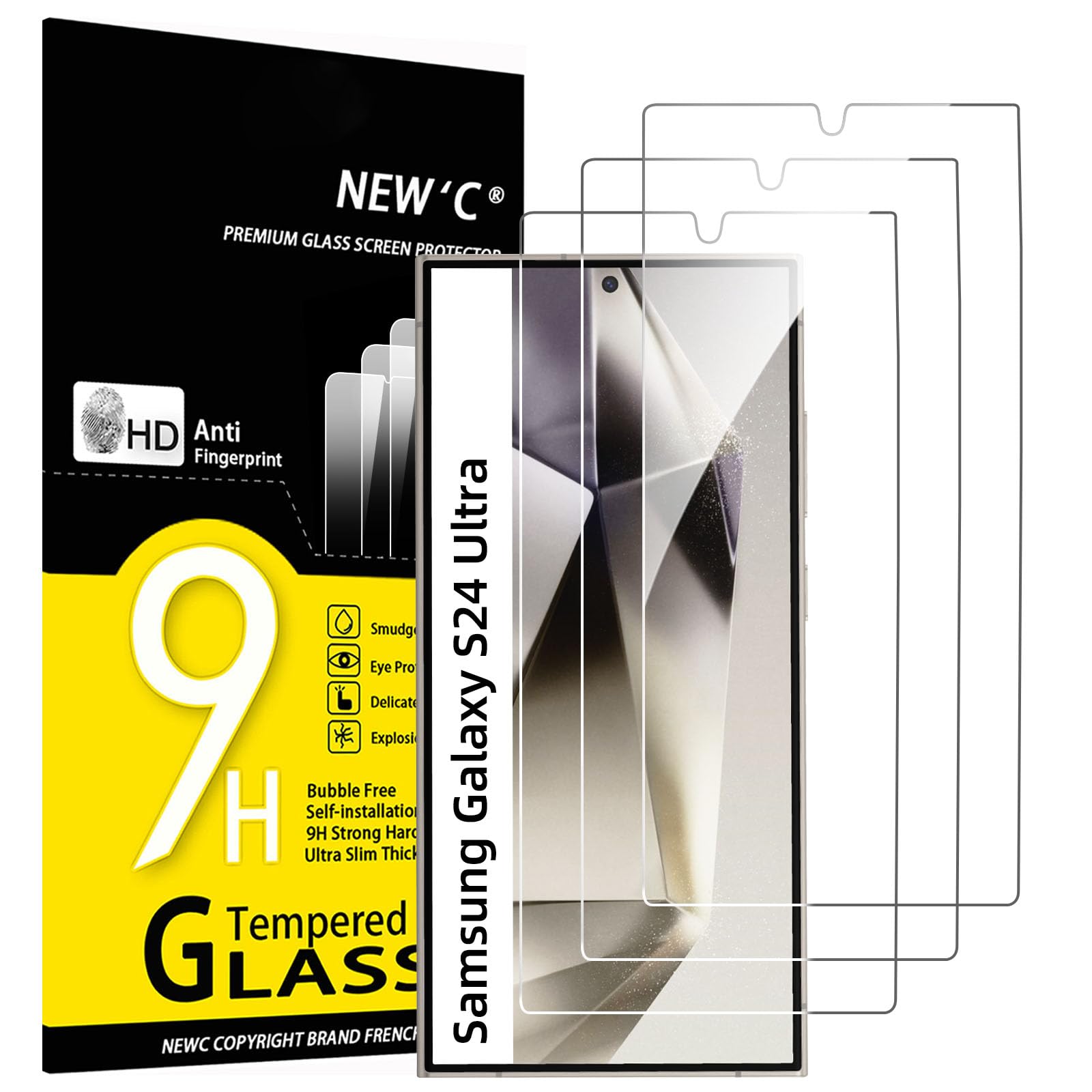 NEW'C Tempered Glass Screen Protector for Samsung Galaxy S24 Ultra, Scratch Free, 9H Hardness, HD Screen Protector, 0.33 mm Ultra Clear, Ultra Resistant, Pack of 3