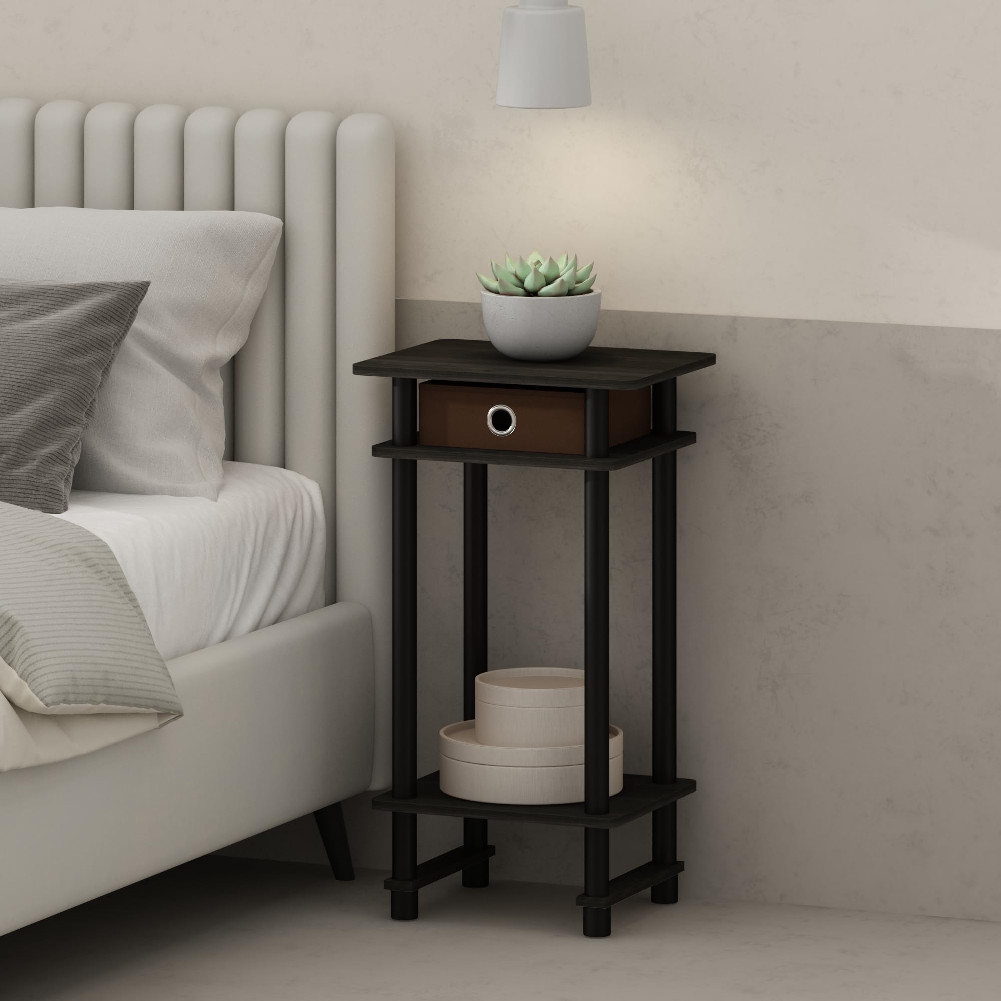 Furinno TURN-N-TUBE Night Stand, 3-Tier Open Shelf Design Nightstand with Storage Bin, Tall Narrow Bedside Table, End Table, Side Table, Toolless Assembly, for Bedroom, Living Room, Espresso